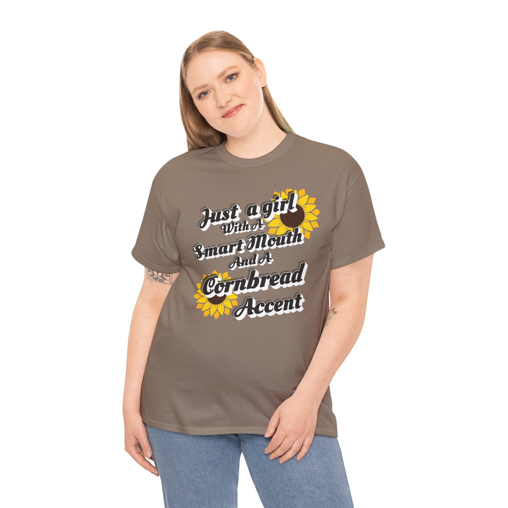 Cornbread Accent T-Shirt – "Just a Girl with a Smart Mouth and a Cornbread Accent" Sunflower Graphic