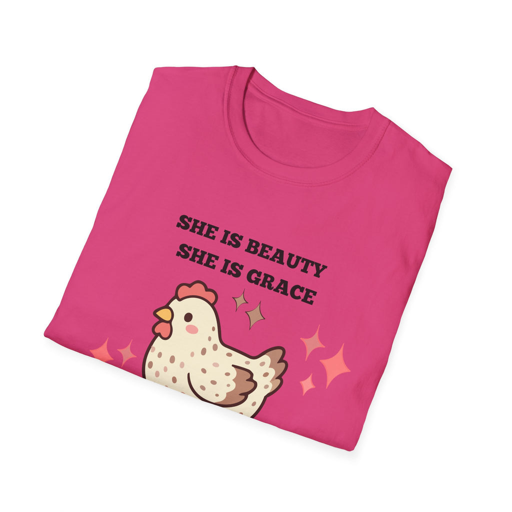 Chicken Tee — "She Is Beauty, She Is Grace, She Will Pech You in the Face" Funny Farm Animal T-Shirt