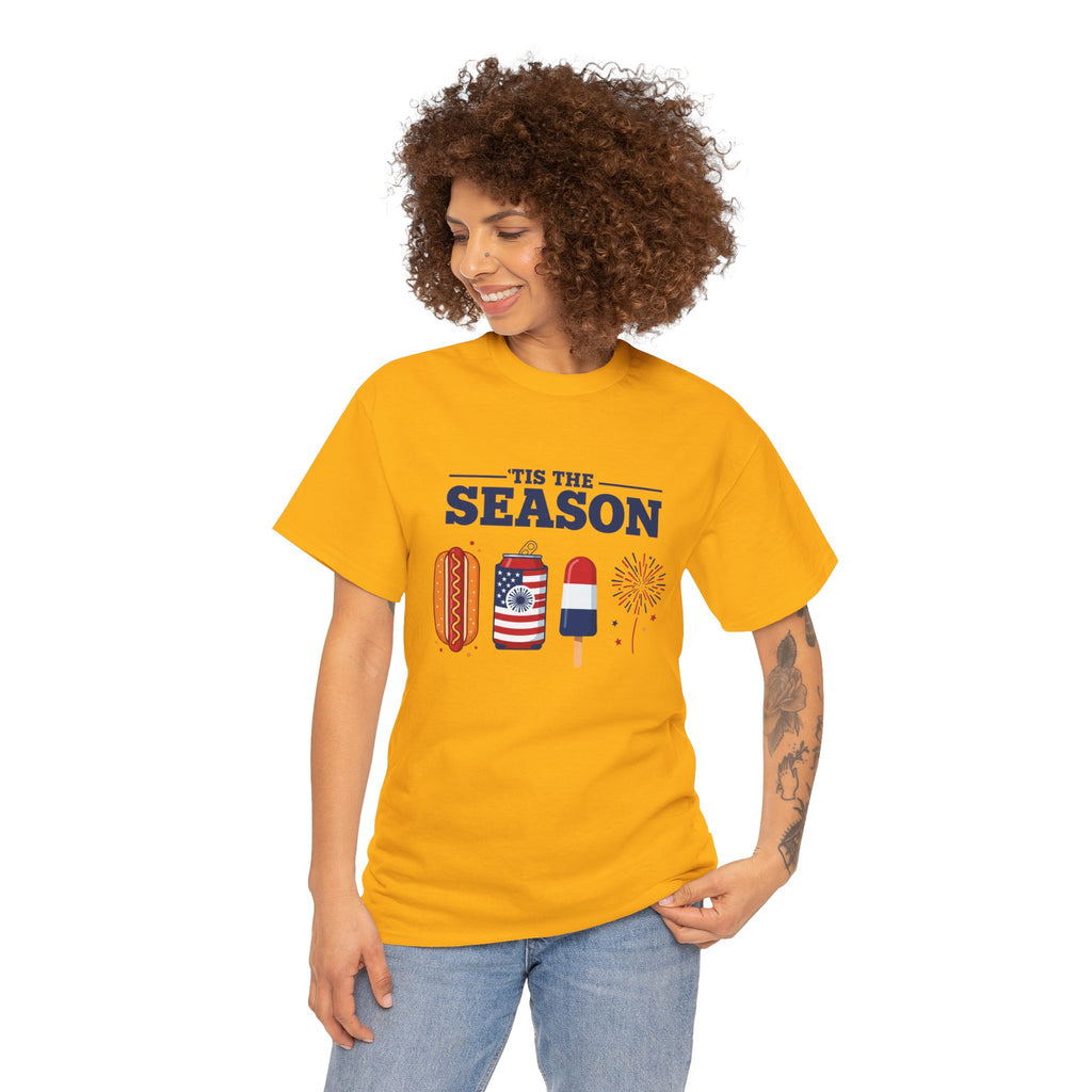 Fourth of July Tee — "'Tis the Season" Patriotic Hot Dog, Popsicle & Fireworks T-Shirt