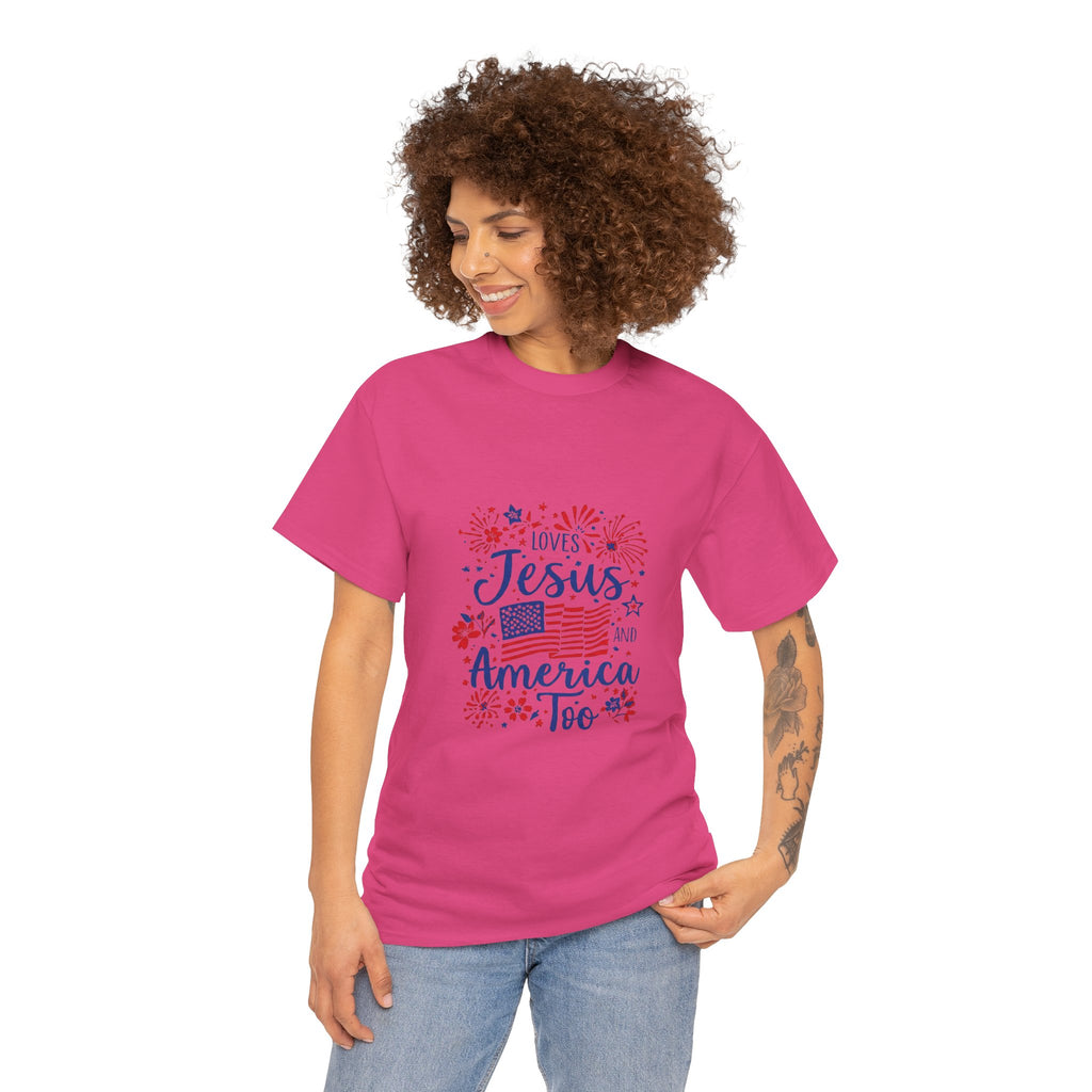Jesus and America Tee — Patriotic Christian T-Shirt ("Loves Jesus and America Too")