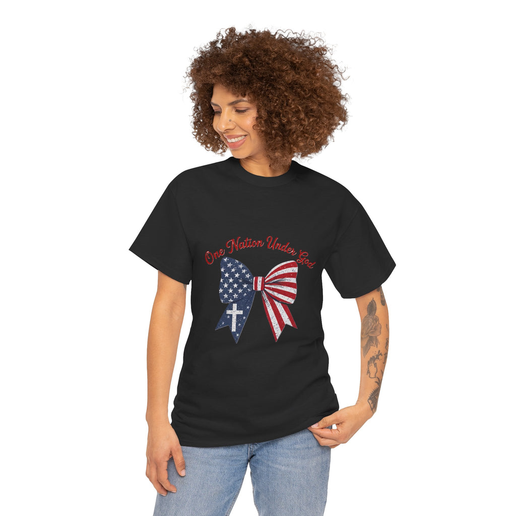 Patriotic Bow Tee — "One Nation Under God" American Flag Cross T-Shirt