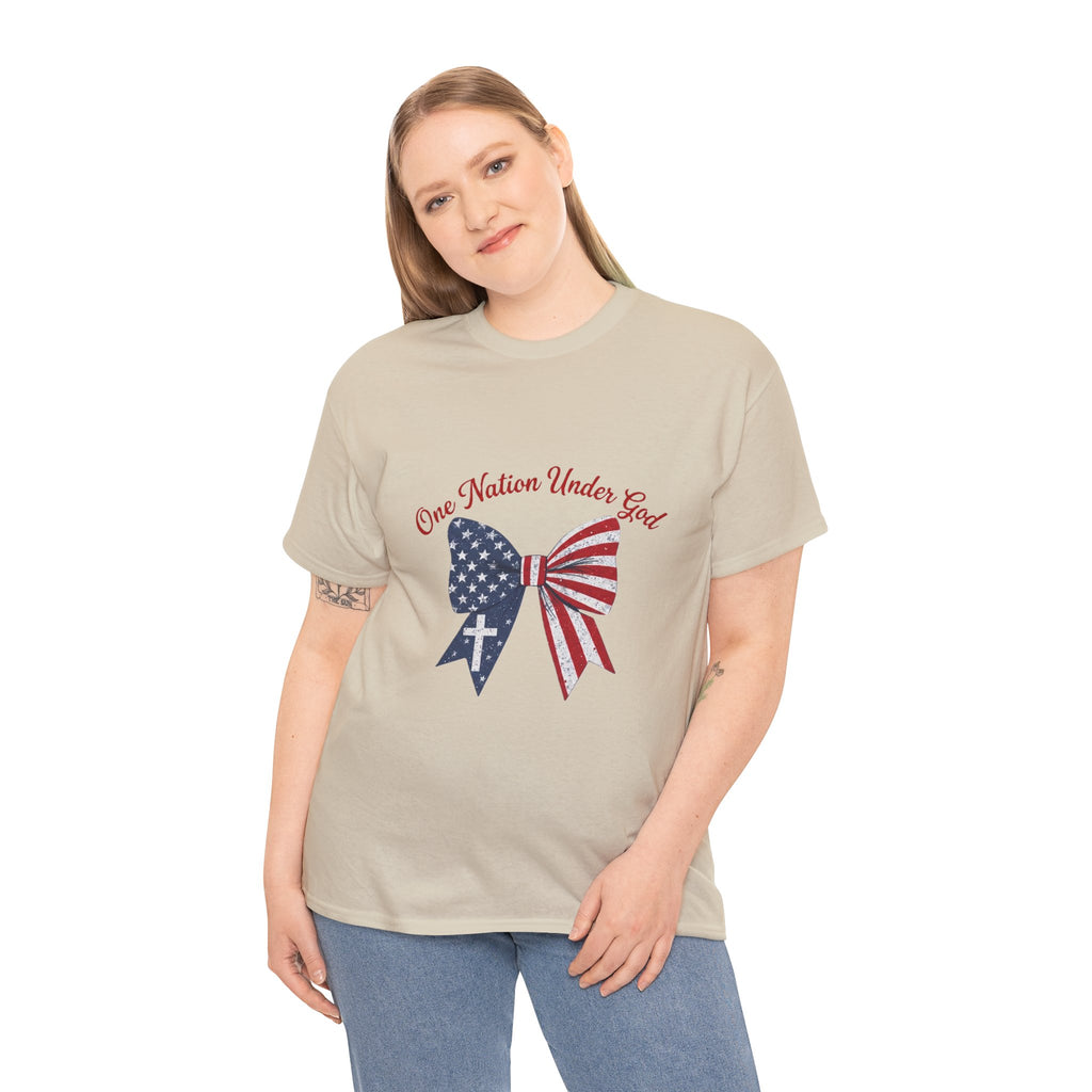 Patriotic Bow Tee — "One Nation Under God" American Flag Cross T-Shirt