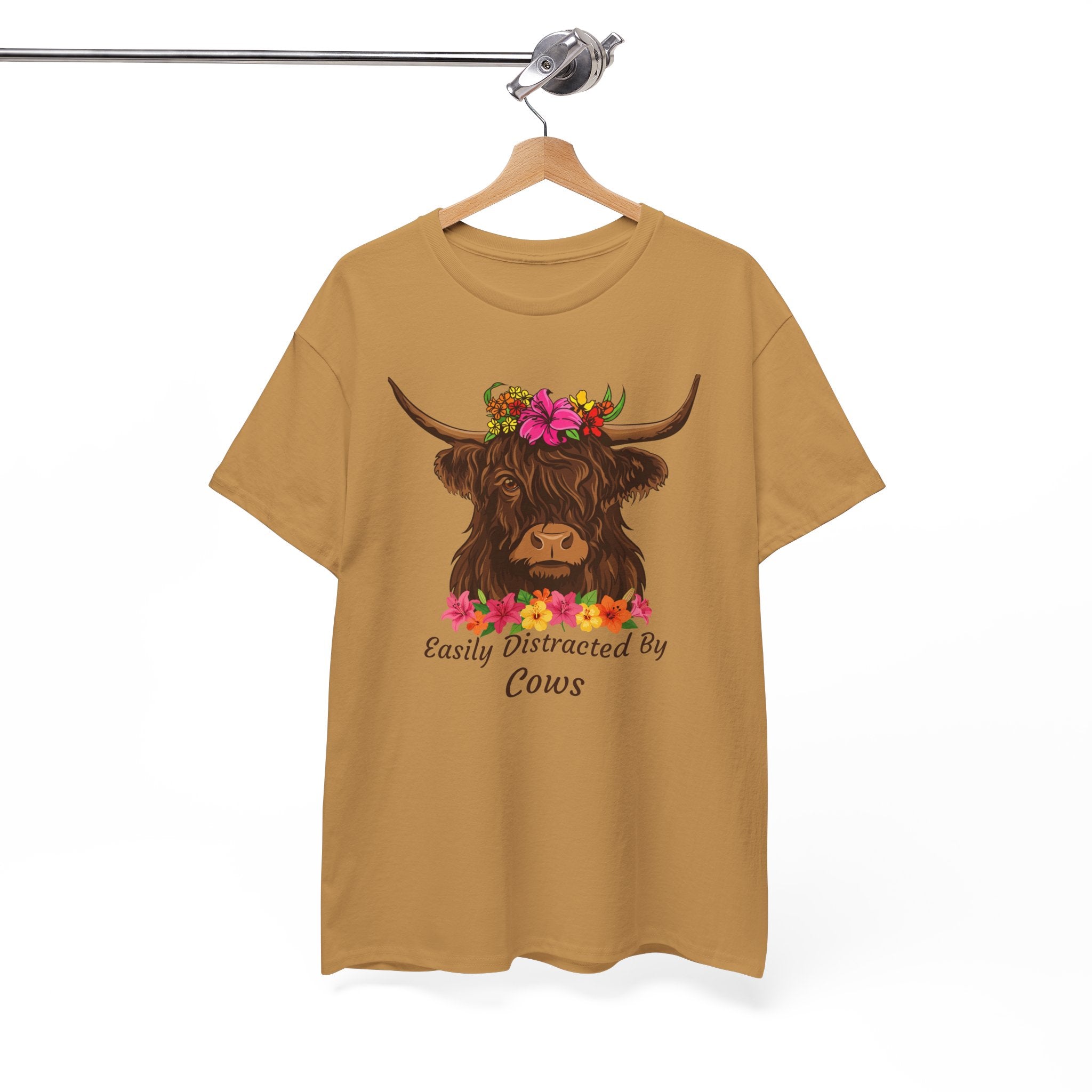 Highland Cow Floral Tee — "Easily Distracted by Cows" Cute Cow Graphic T-Shirt