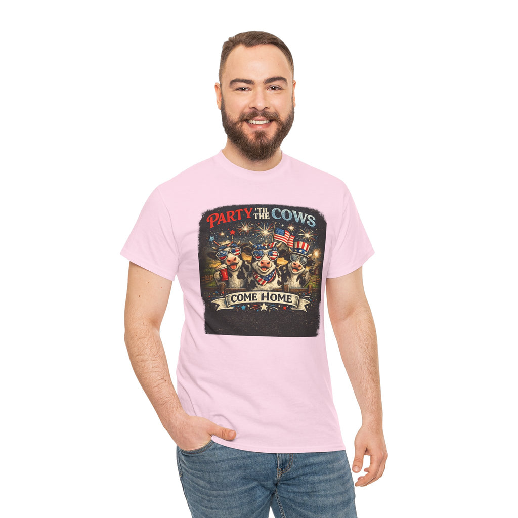 Independence Day 'Party 'Til the Cows Come Home' T-Shirt — Fireworks & Cow Graphic