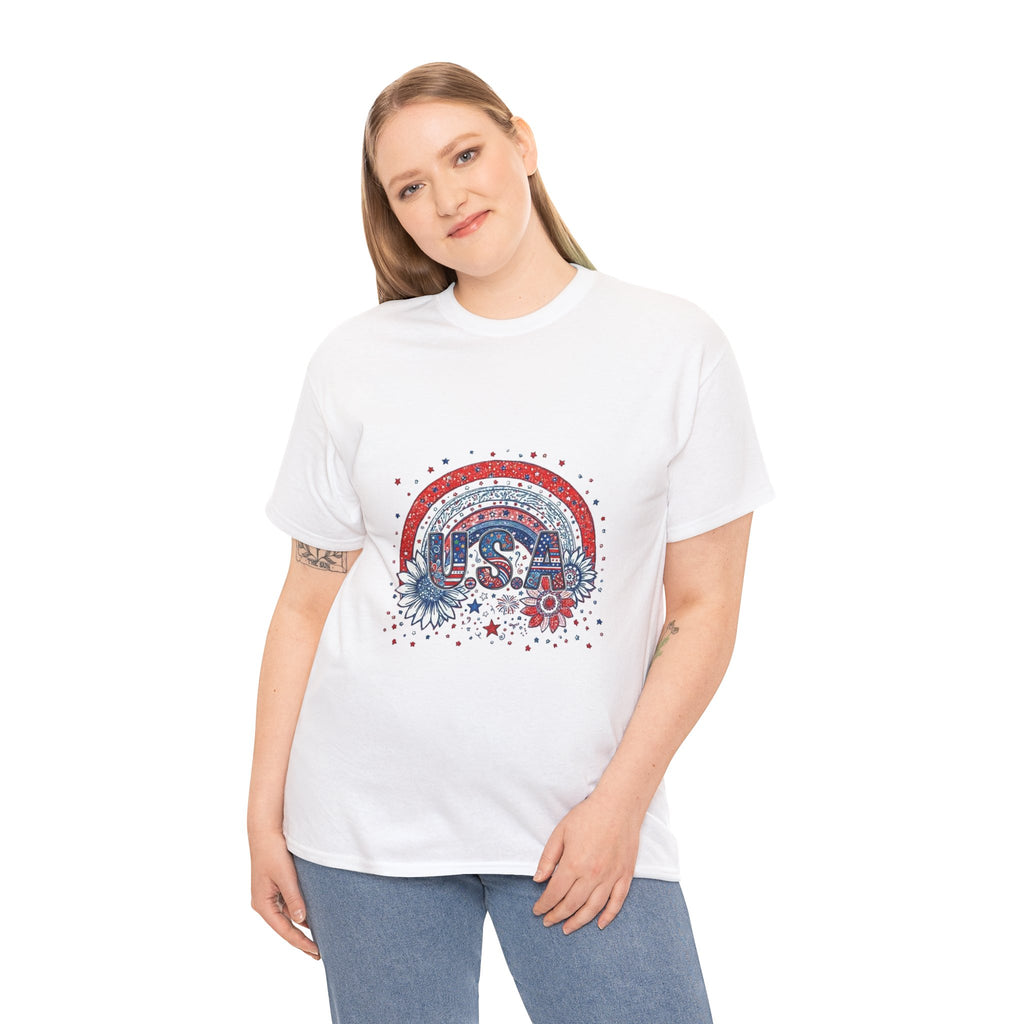 USA Retro Rainbow T-Shirt — Patriotic Fourth of July Tee with Stars & Flowers