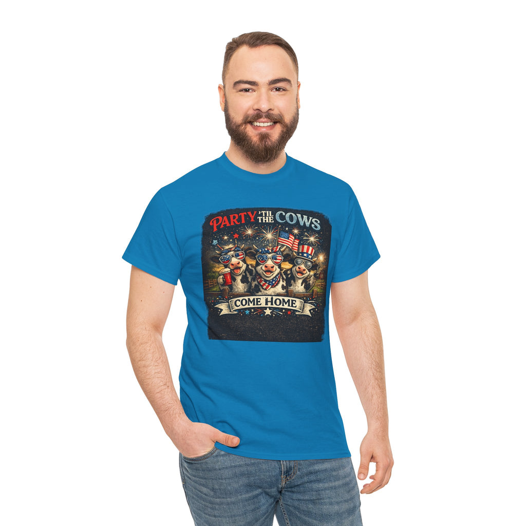 Independence Day 'Party 'Til the Cows Come Home' T-Shirt — Fireworks & Cow Graphic