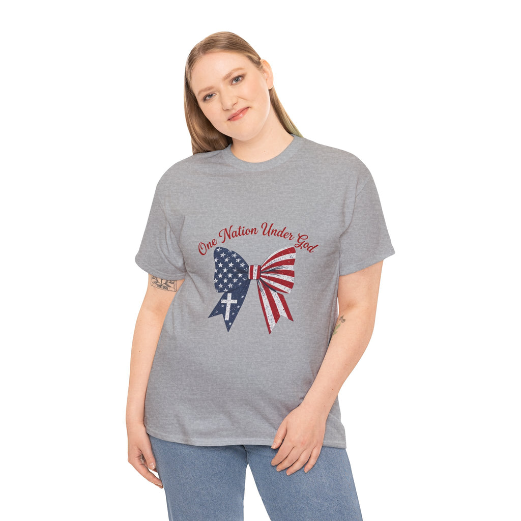 Patriotic Bow Tee — "One Nation Under God" American Flag Cross T-Shirt