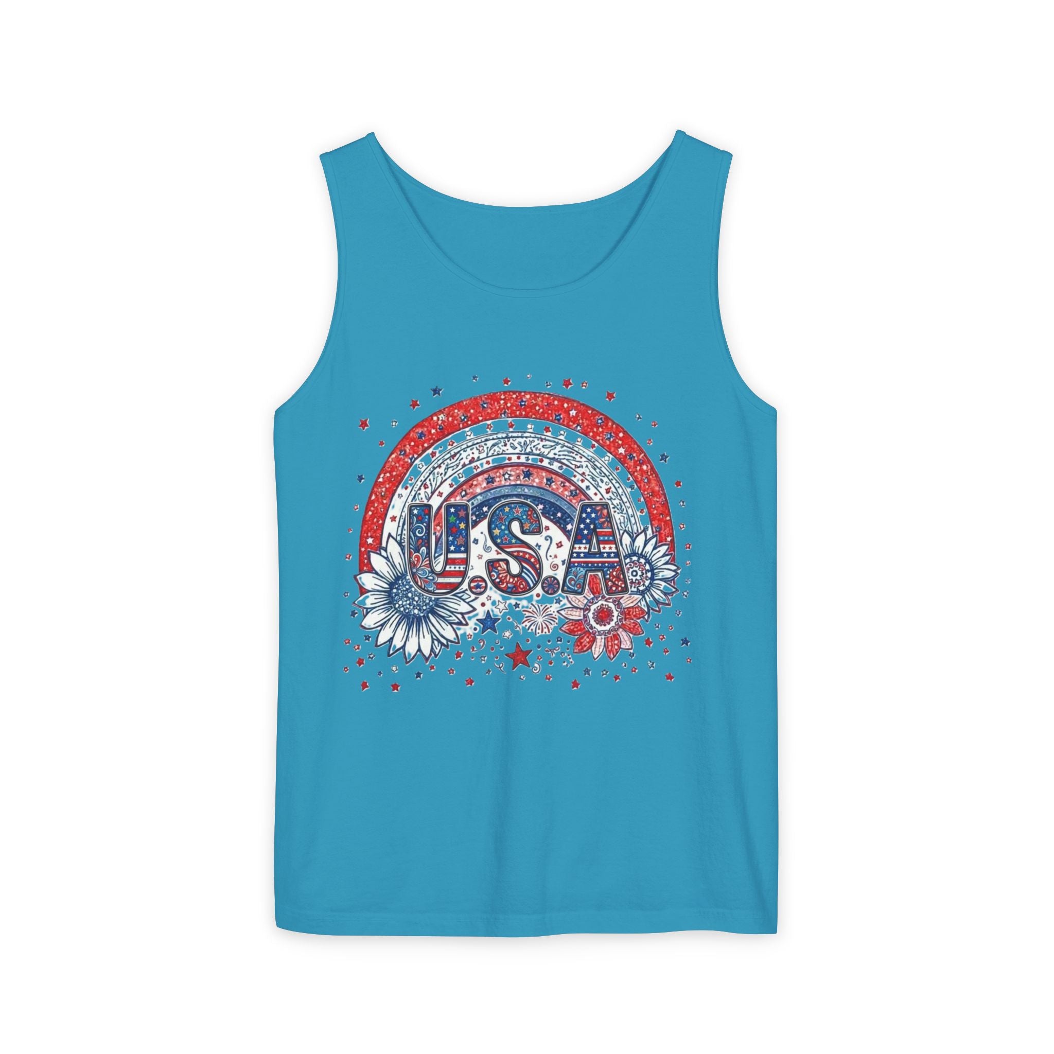 USA Rainbow Floral Tank Top — Patriotic 4th of July Sleeveless Tee