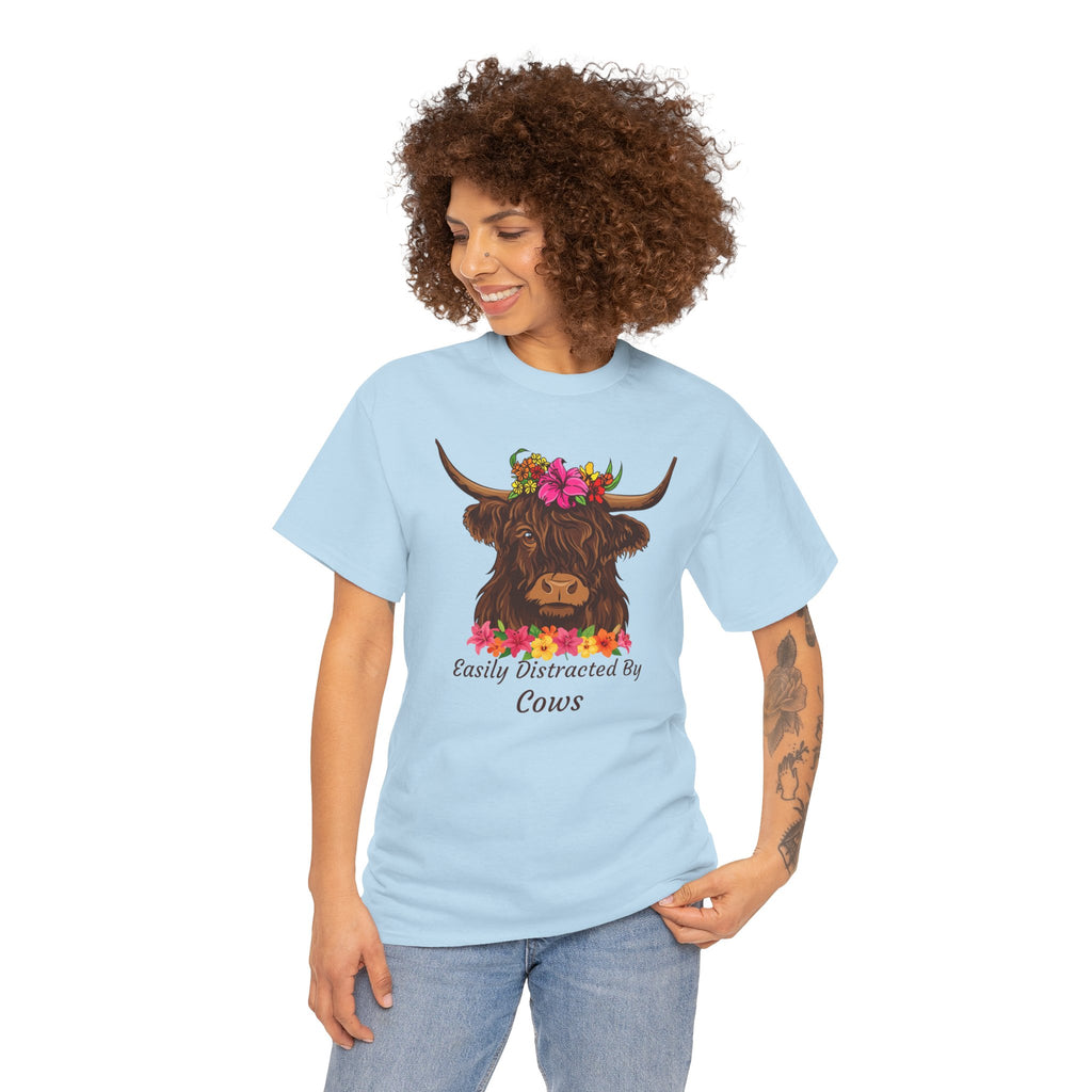 Highland Cow Floral Tee — "Easily Distracted by Cows" Cute Cow Graphic T-Shirt