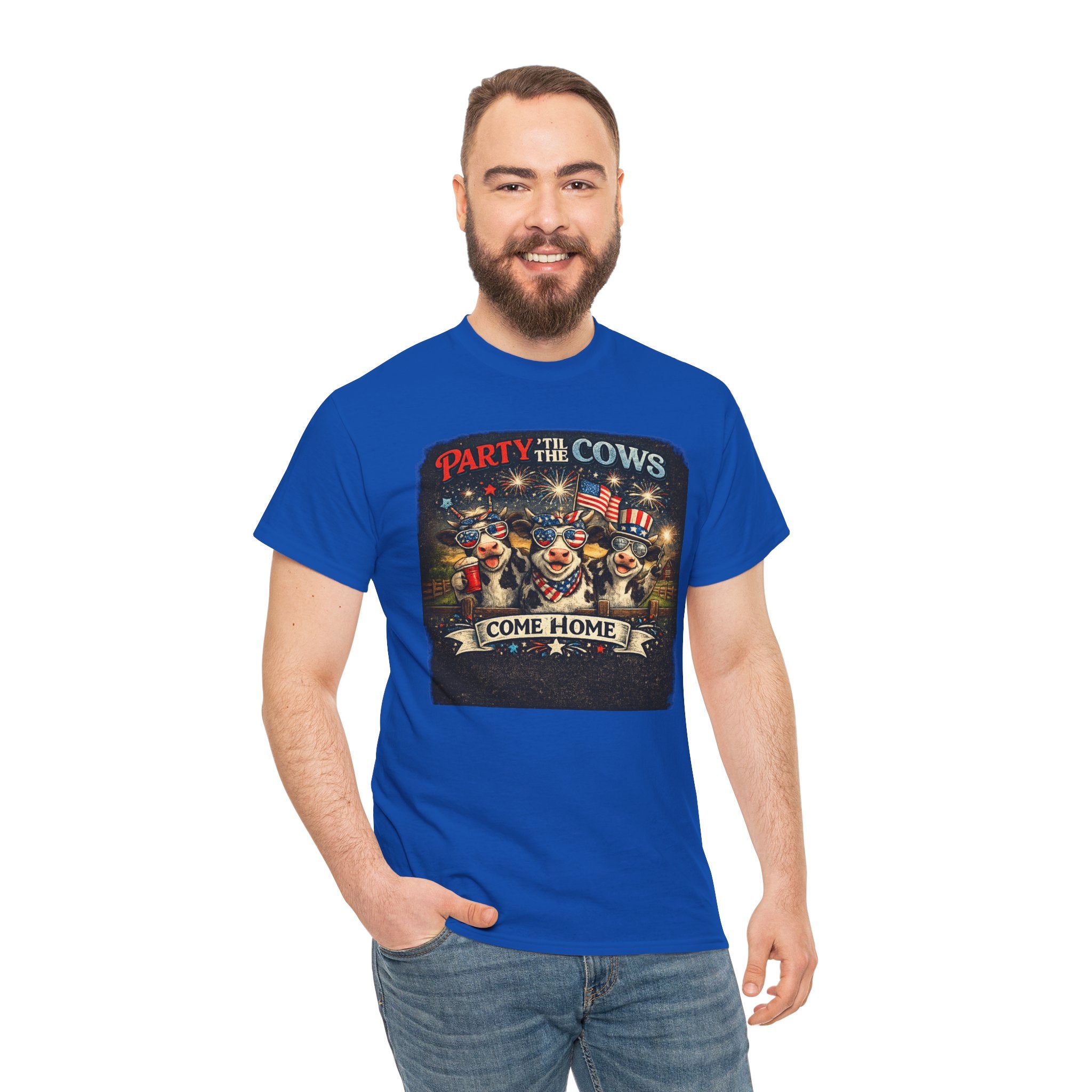Independence Day 'Party 'Til the Cows Come Home' T-Shirt — Fireworks & Cow Graphic