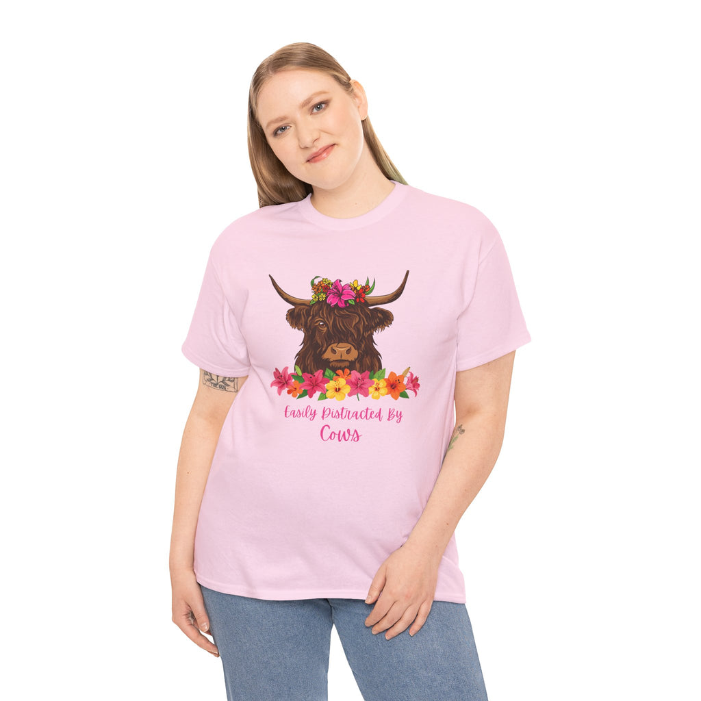 Cow Mom Floral Tee — 'Easily Distracted By Cows' Highland Cow Graphic Shirt