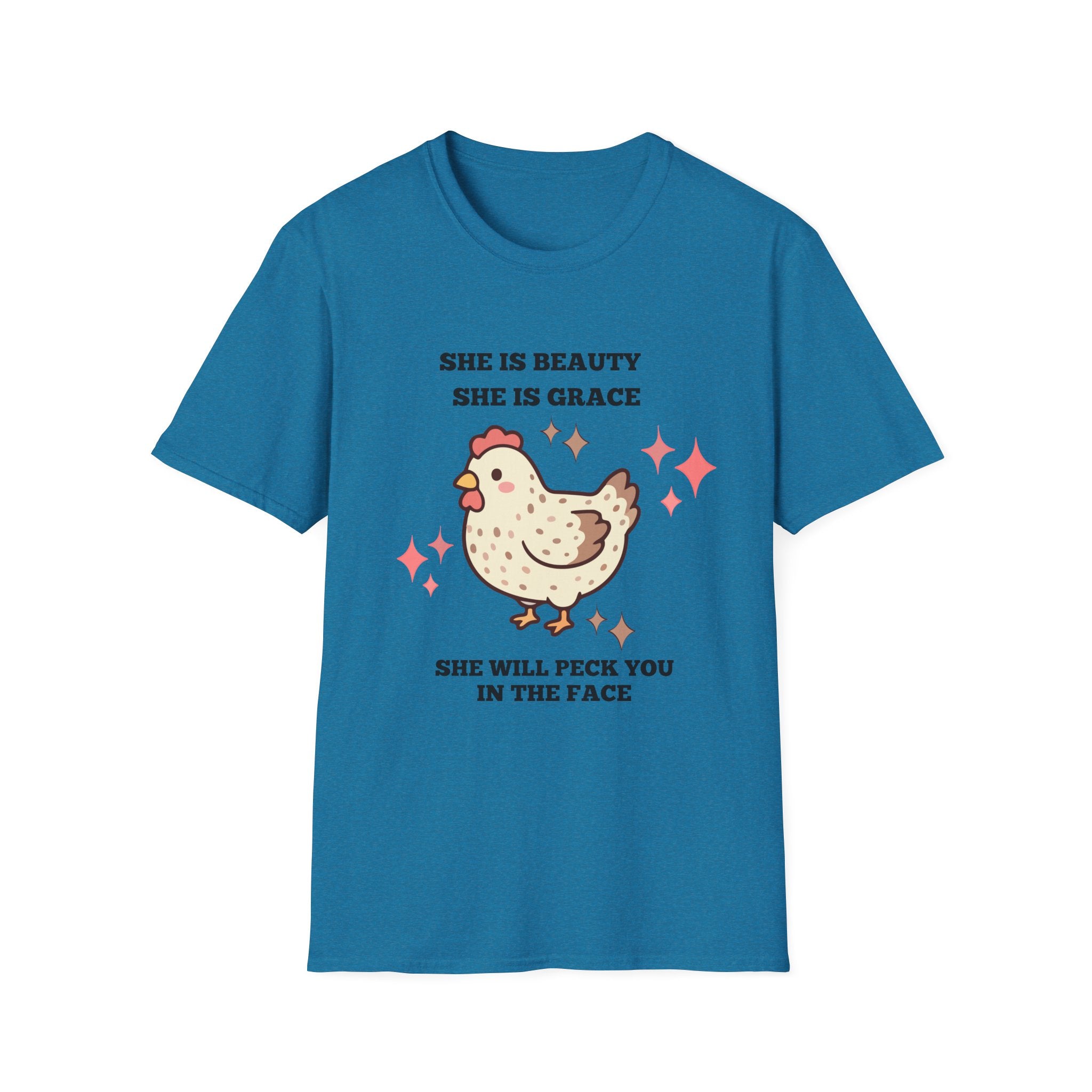 Chicken Tee — "She Is Beauty, She Is Grace, She Will Pech You in the Face" Funny Farm Animal T-Shirt