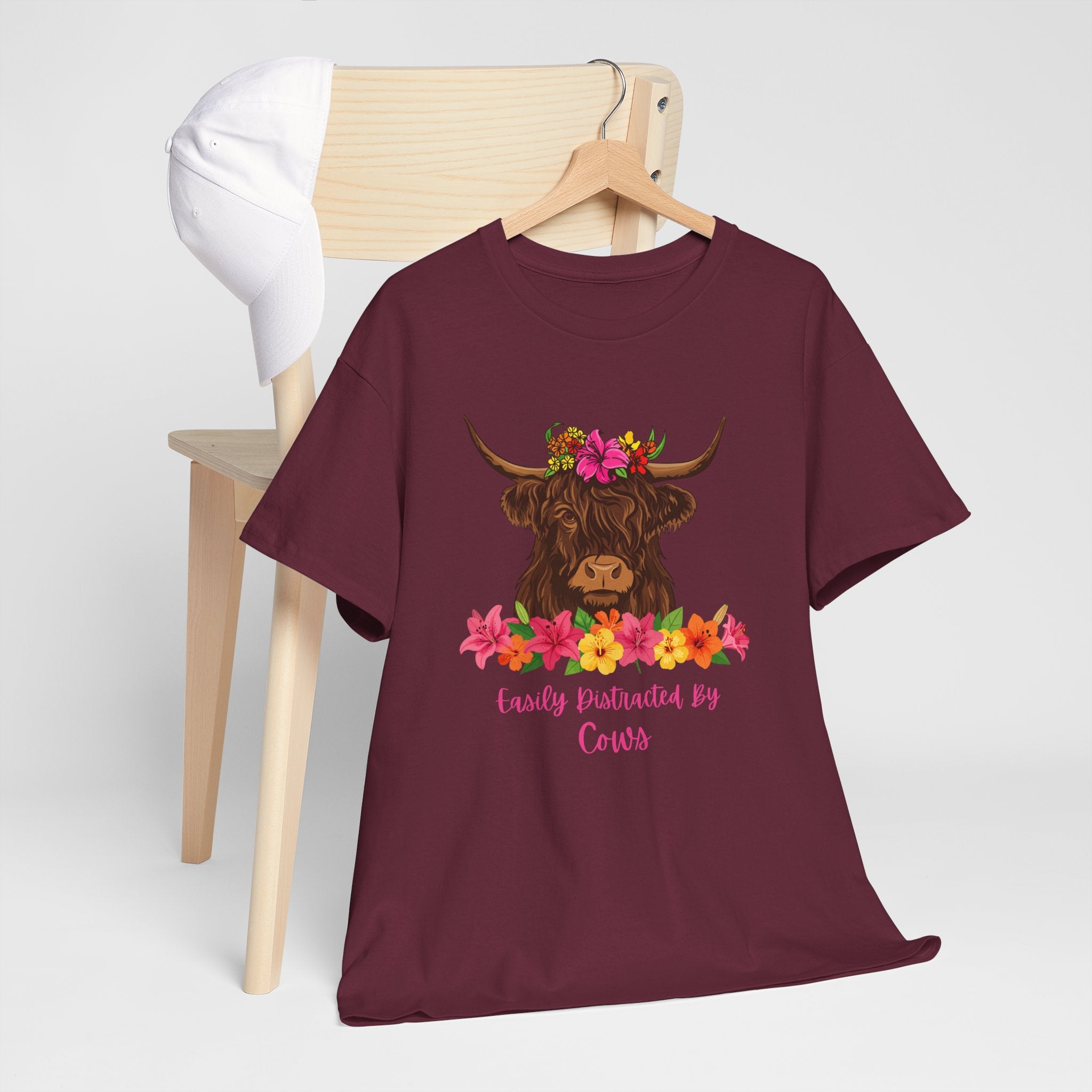 Cow Mom Floral Tee — 'Easily Distracted By Cows' Highland Cow Graphic Shirt