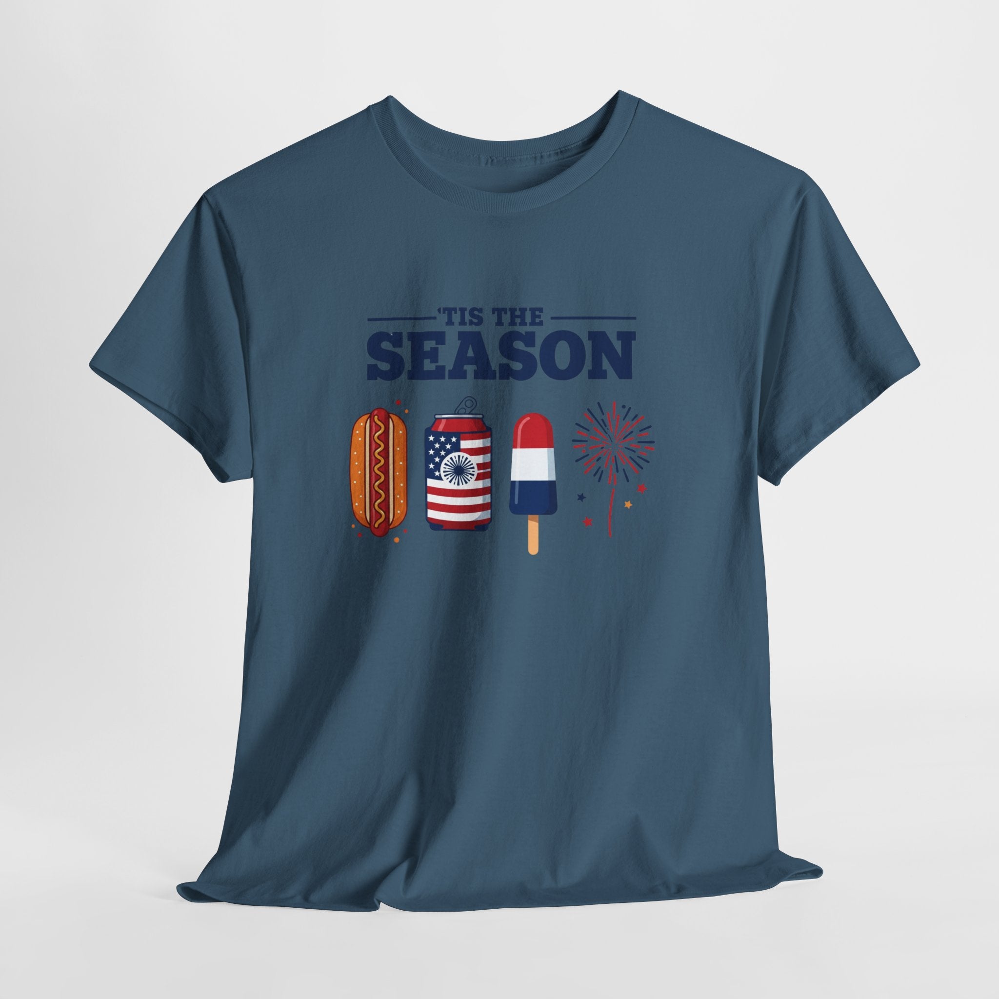 Fourth of July Tee — "'Tis the Season" Patriotic Hot Dog, Popsicle & Fireworks T-Shirt