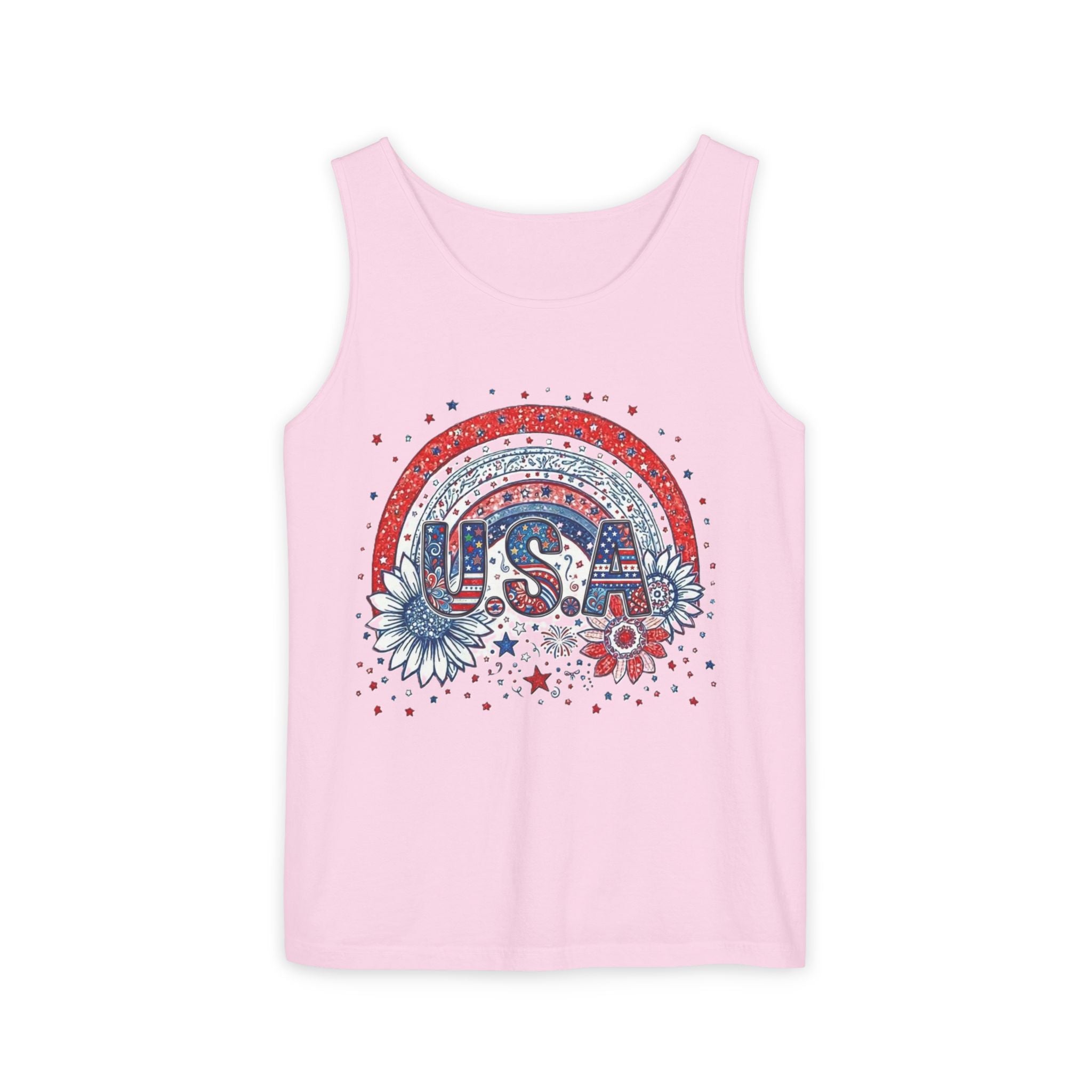 USA Rainbow Floral Tank Top — Patriotic 4th of July Sleeveless Tee