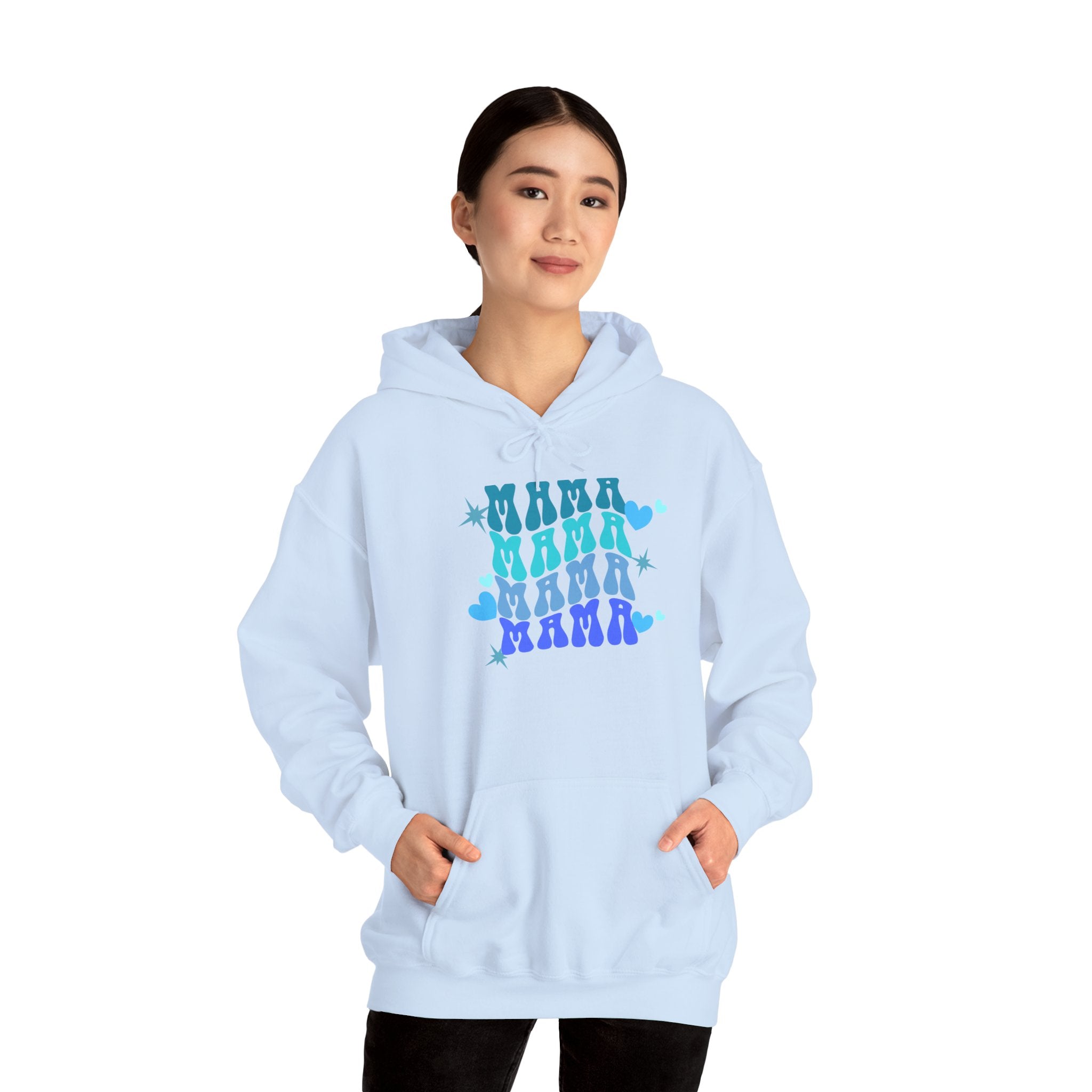 Mama Heart Crewneck Hoodie – Blue Gradient “MAMA” Graphic Sweatshirt