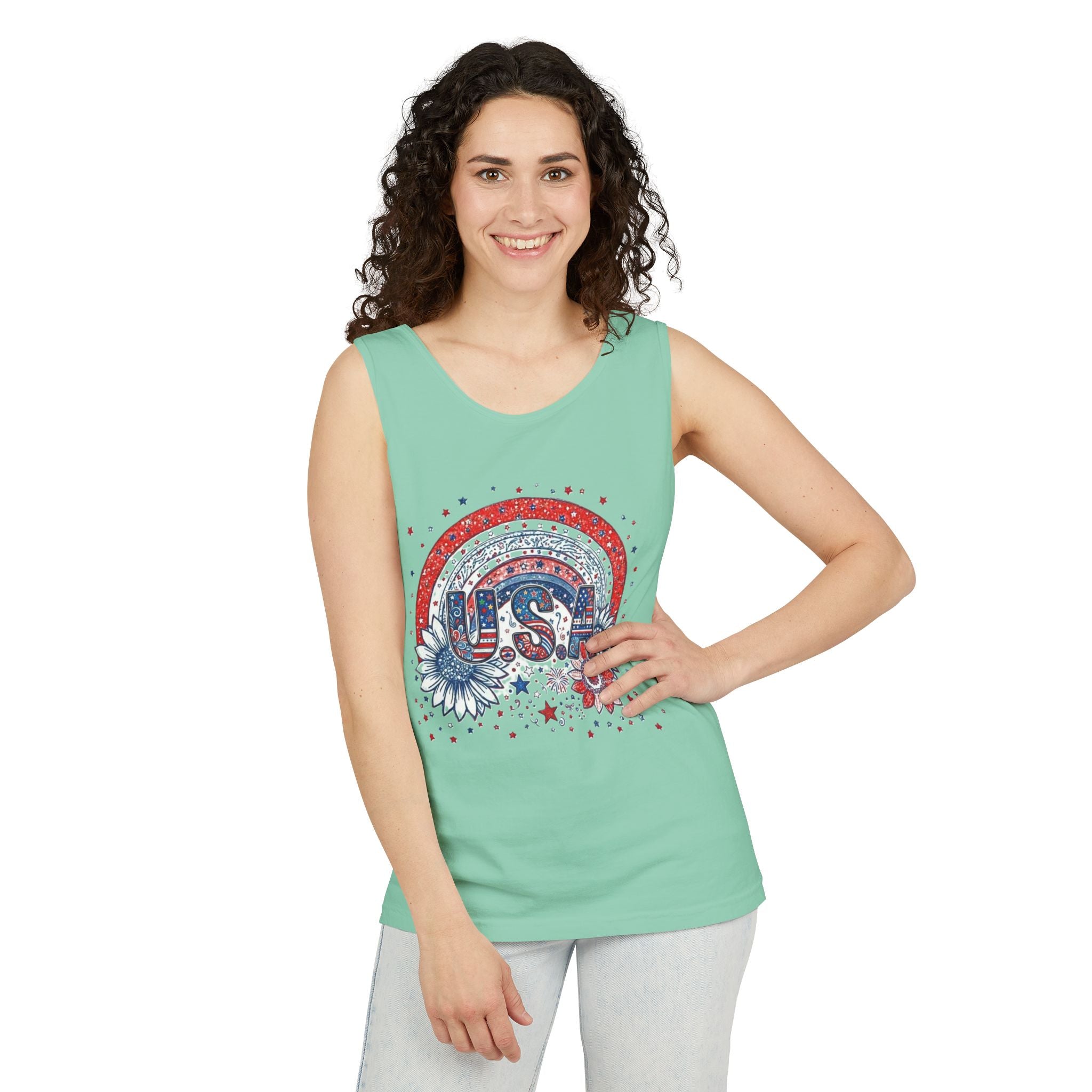 USA Rainbow Floral Tank Top — Patriotic 4th of July Sleeveless Tee