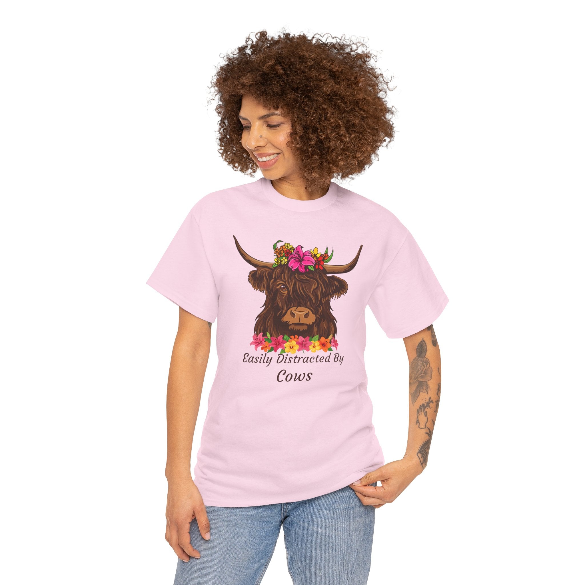 Highland Cow Floral Tee — "Easily Distracted by Cows" Cute Cow Graphic T-Shirt