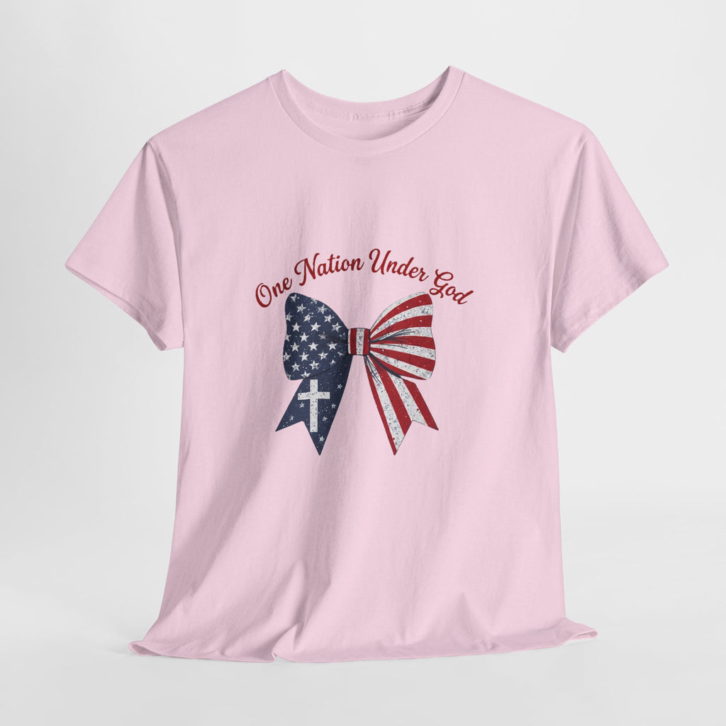 Patriotic Bow Tee — "One Nation Under God" American Flag Cross T-Shirt