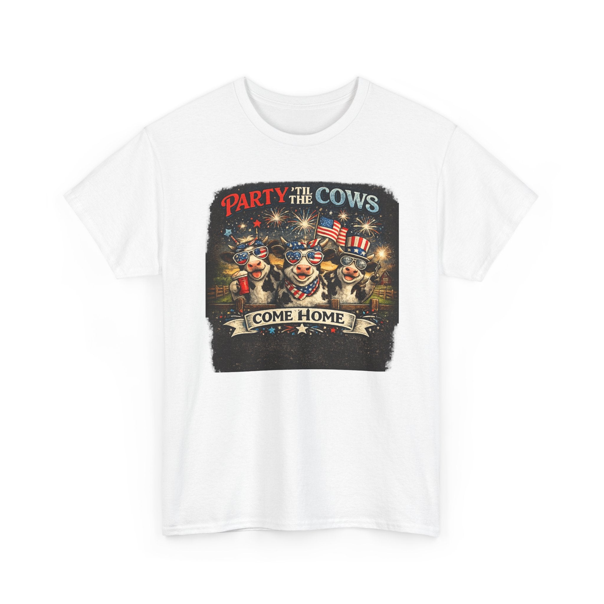 Independence Day 'Party 'Til the Cows Come Home' T-Shirt — Fireworks & Cow Graphic