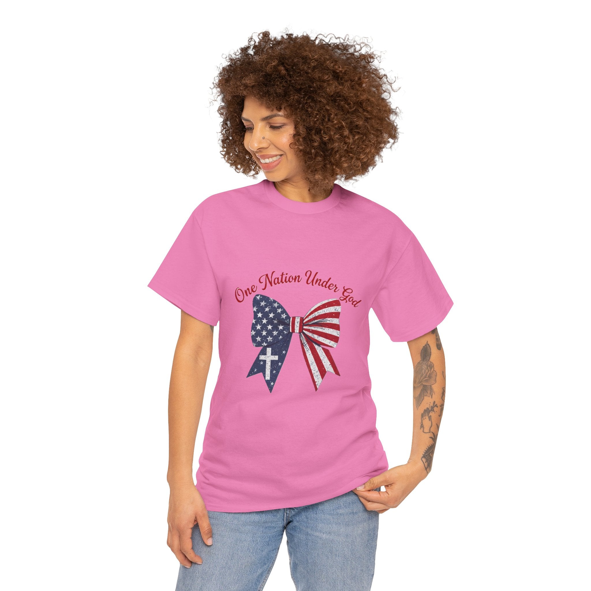 Patriotic Bow Tee — "One Nation Under God" American Flag Cross T-Shirt