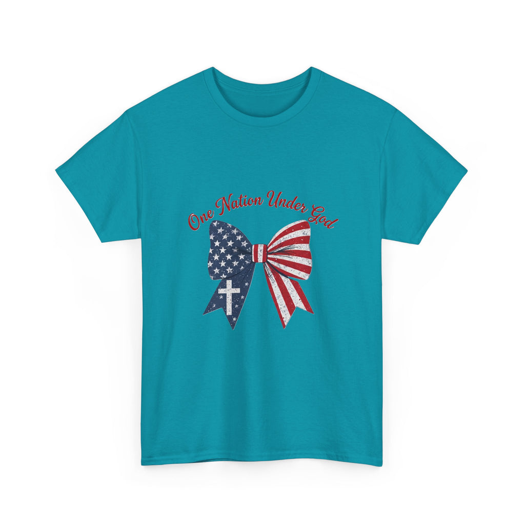 Patriotic Bow Tee — "One Nation Under God" American Flag Cross T-Shirt