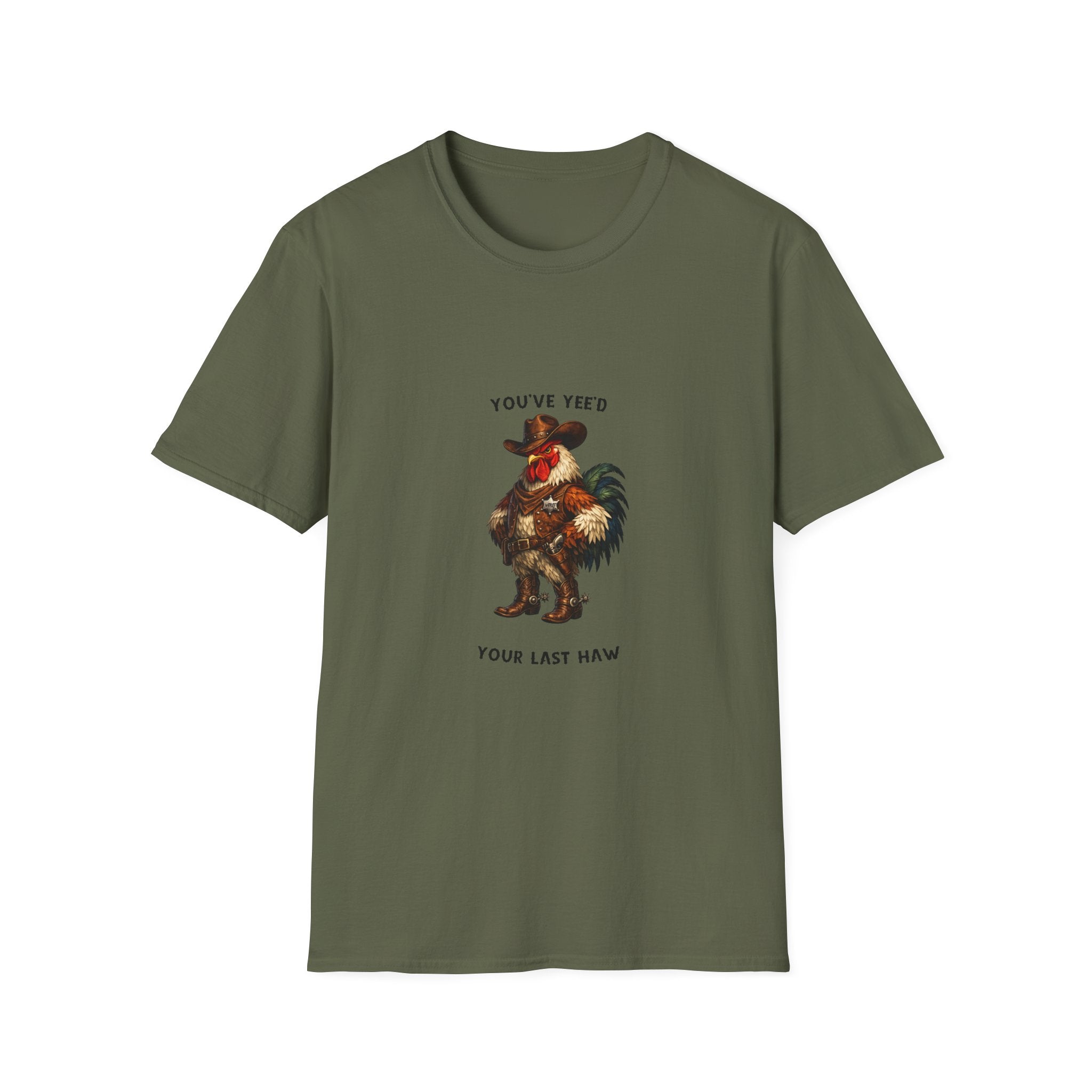 Rooster Joke T-Shirt — “You’ve Feed Your Last Haw” Funny Farm Animal Tee