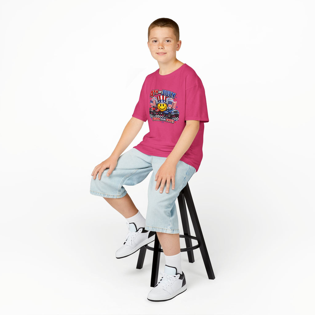 Kids Tee — 4th of July 'Born to Be Free' Smiley Flag Design