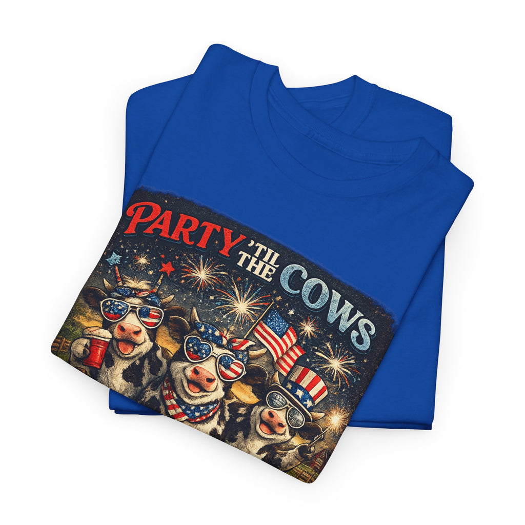 Independence Day 'Party 'Til the Cows Come Home' T-Shirt — Fireworks & Cow Graphic