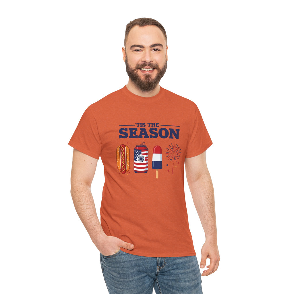 Fourth of July Tee — "'Tis the Season" Patriotic Hot Dog, Popsicle & Fireworks T-Shirt