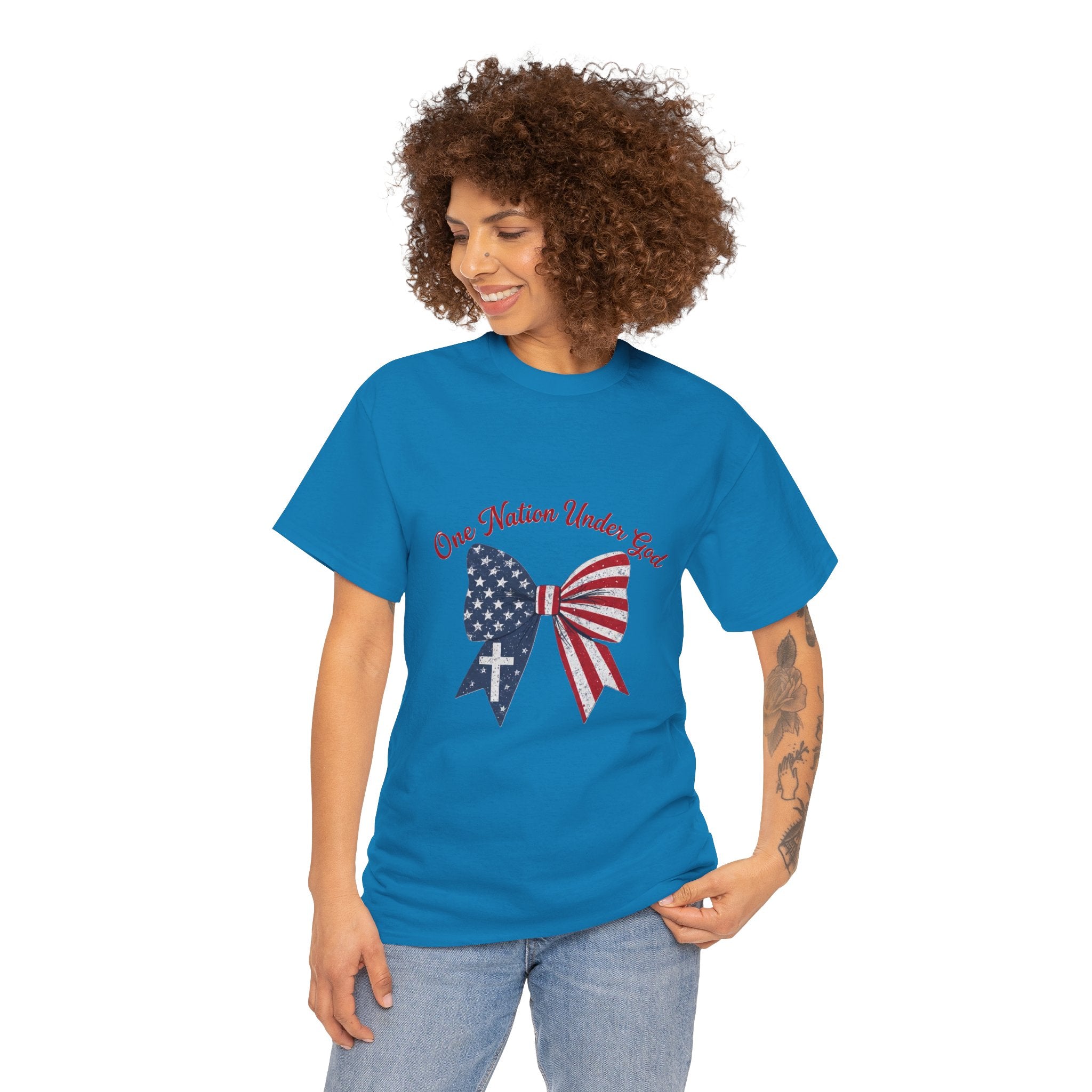 Patriotic Bow Tee — "One Nation Under God" American Flag Cross T-Shirt