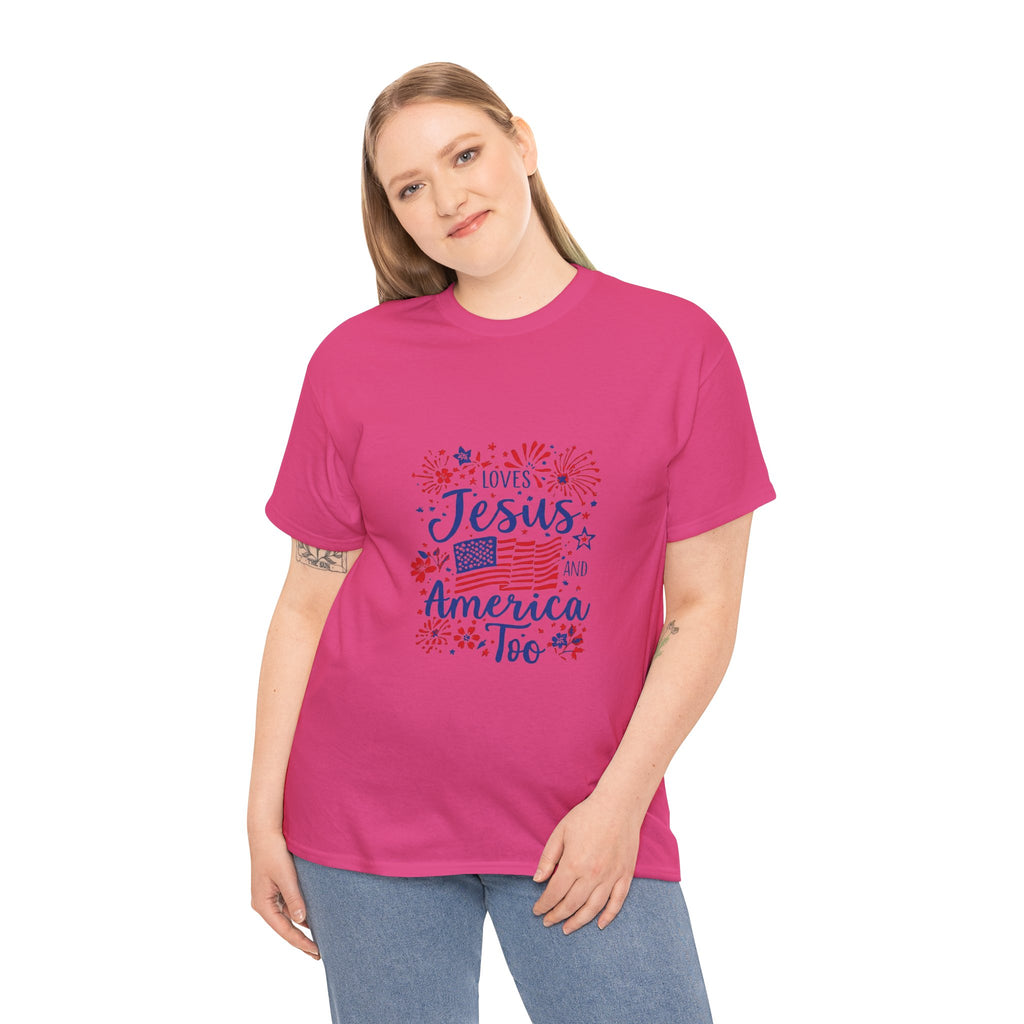 Jesus and America Tee — Patriotic Christian T-Shirt ("Loves Jesus and America Too")