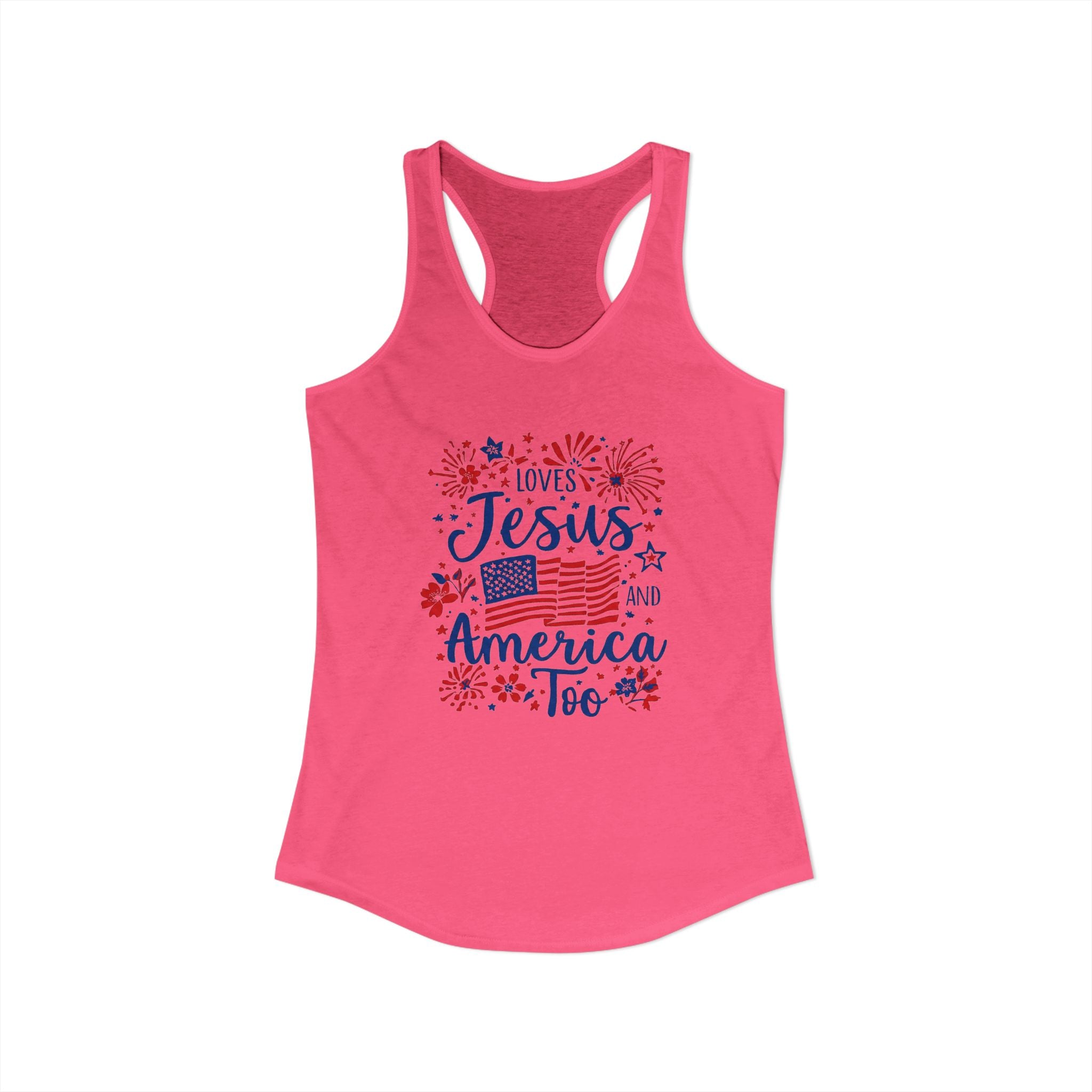 Loves Jesus and America Too Racerback Tank — Patriotic Christian Women's Tank