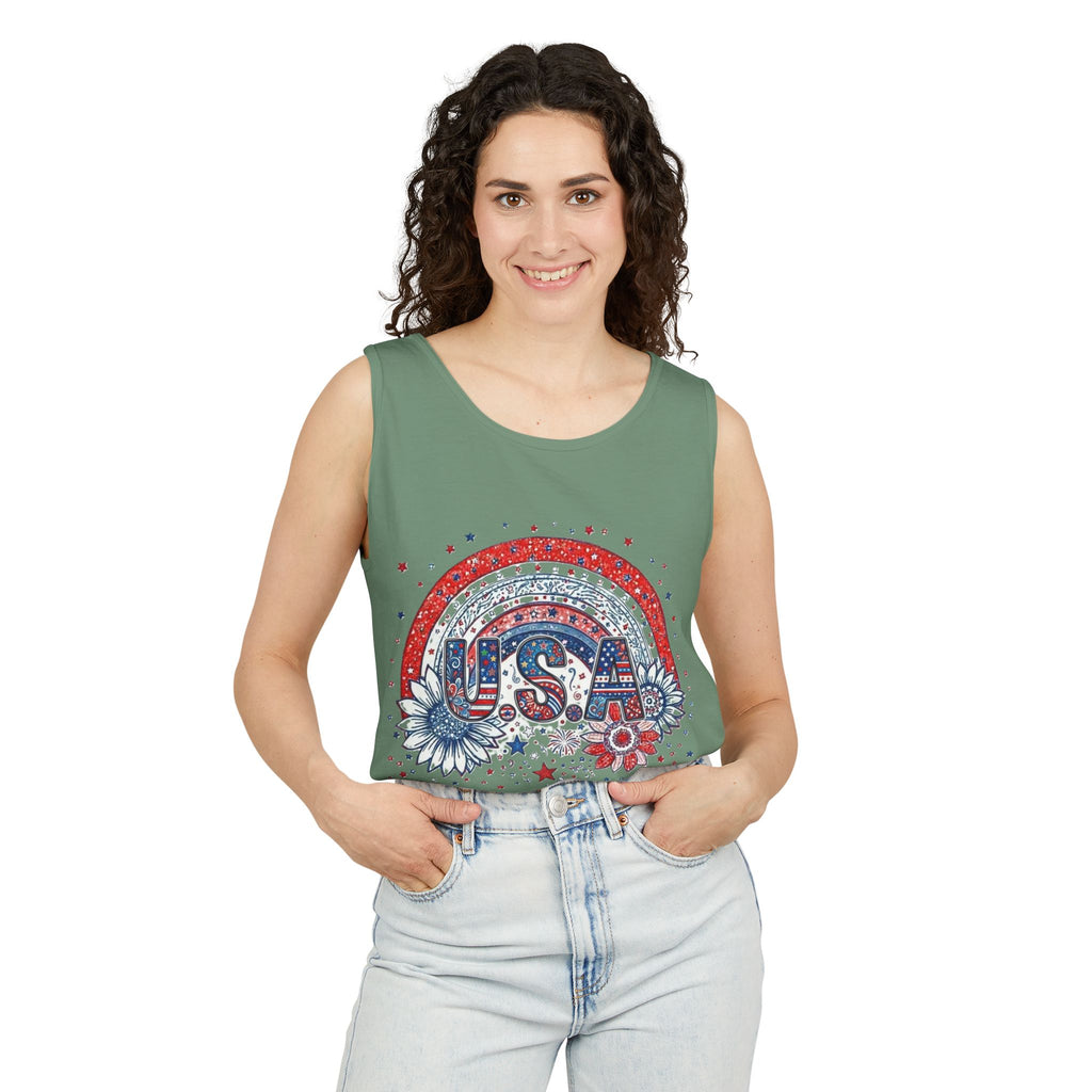 USA Rainbow Floral Tank Top — Patriotic 4th of July Sleeveless Tee