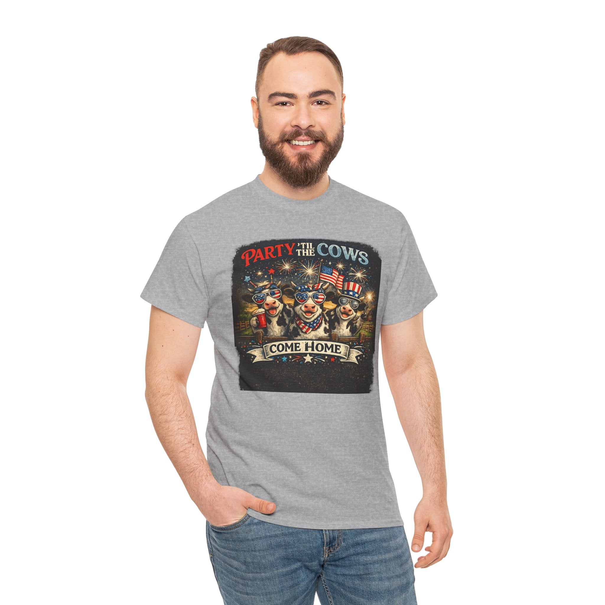 Independence Day 'Party 'Til the Cows Come Home' T-Shirt — Fireworks & Cow Graphic