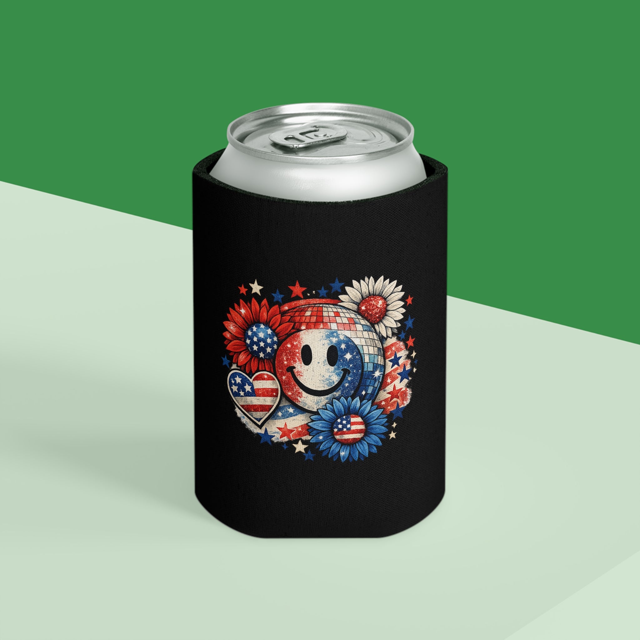 Patriotic Smile Can Cooler — 4th of July American Flag Floral Beer Koozie