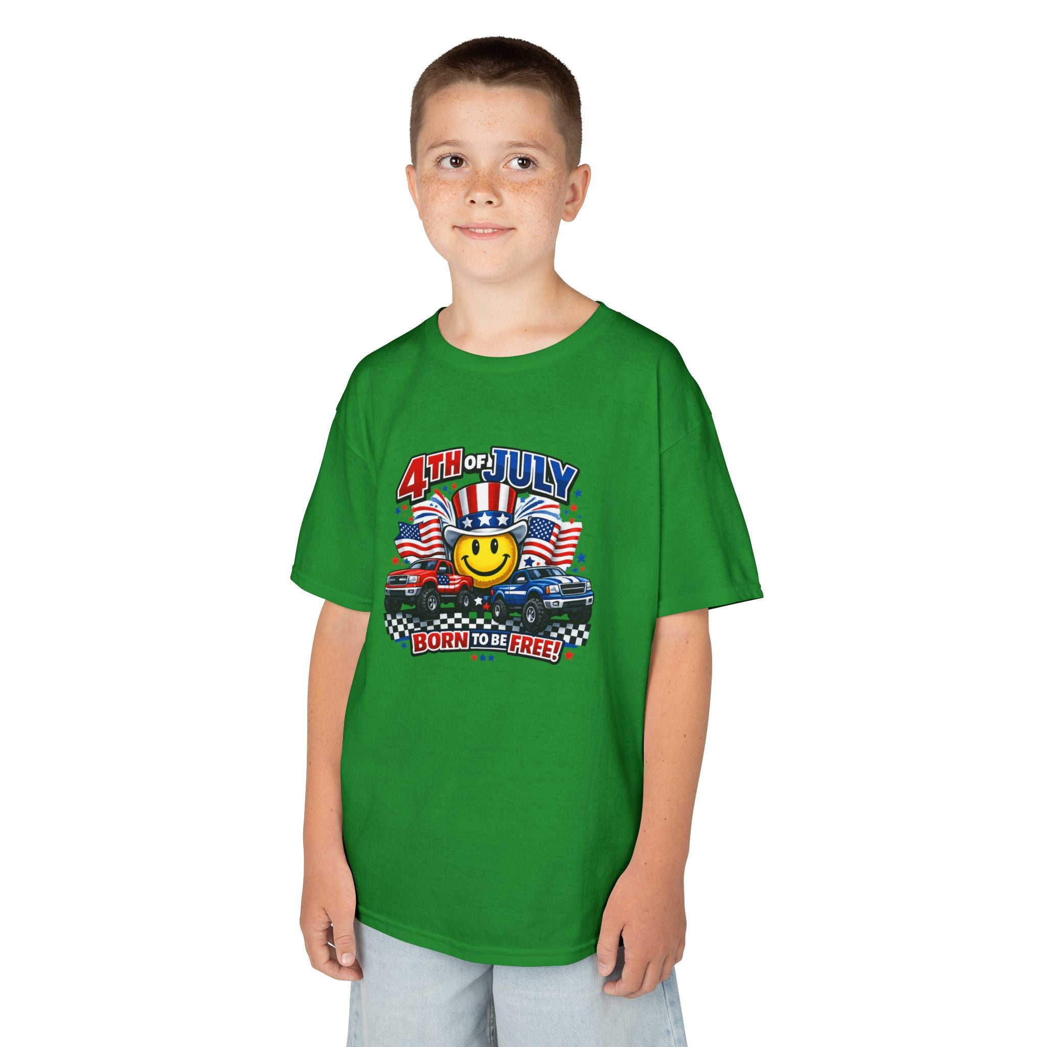 Kids Tee — 4th of July 'Born to Be Free' Smiley Flag Design