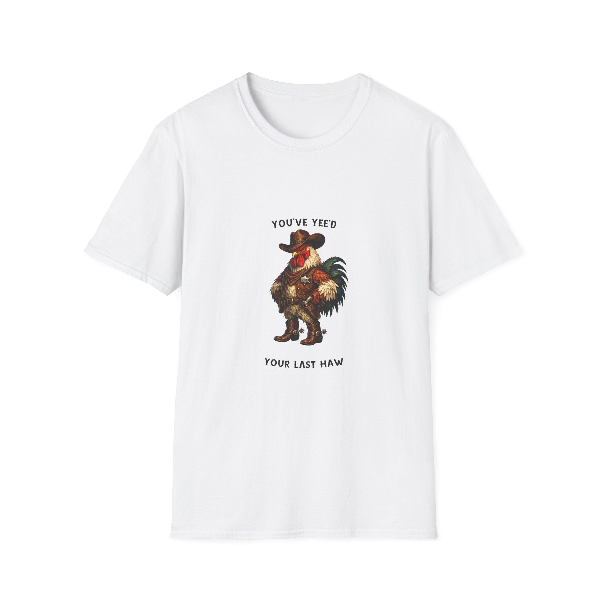 Rooster Joke T-Shirt — “You’ve Feed Your Last Haw” Funny Farm Animal Tee