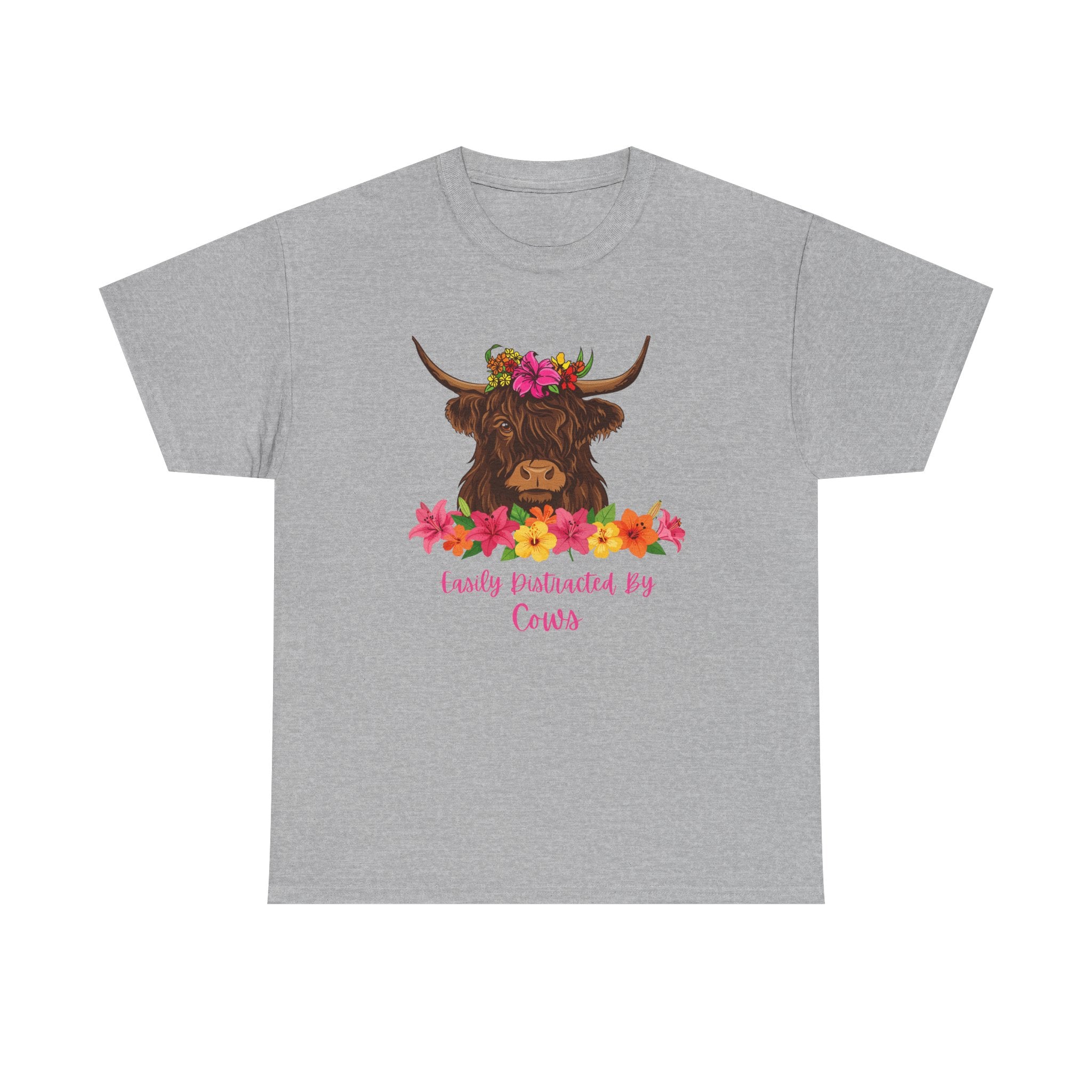 Cow Mom Floral Tee — 'Easily Distracted By Cows' Highland Cow Graphic Shirt