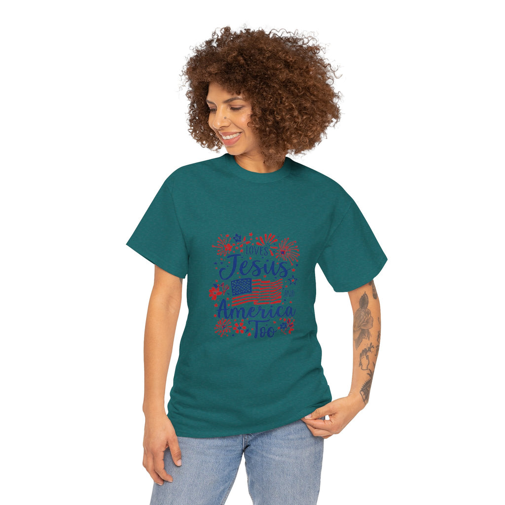Jesus and America Tee — Patriotic Christian T-Shirt ("Loves Jesus and America Too")