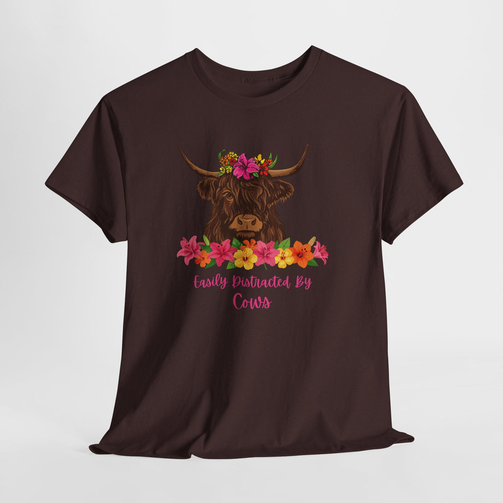Cow Mom Floral Tee — 'Easily Distracted By Cows' Highland Cow Graphic Shirt