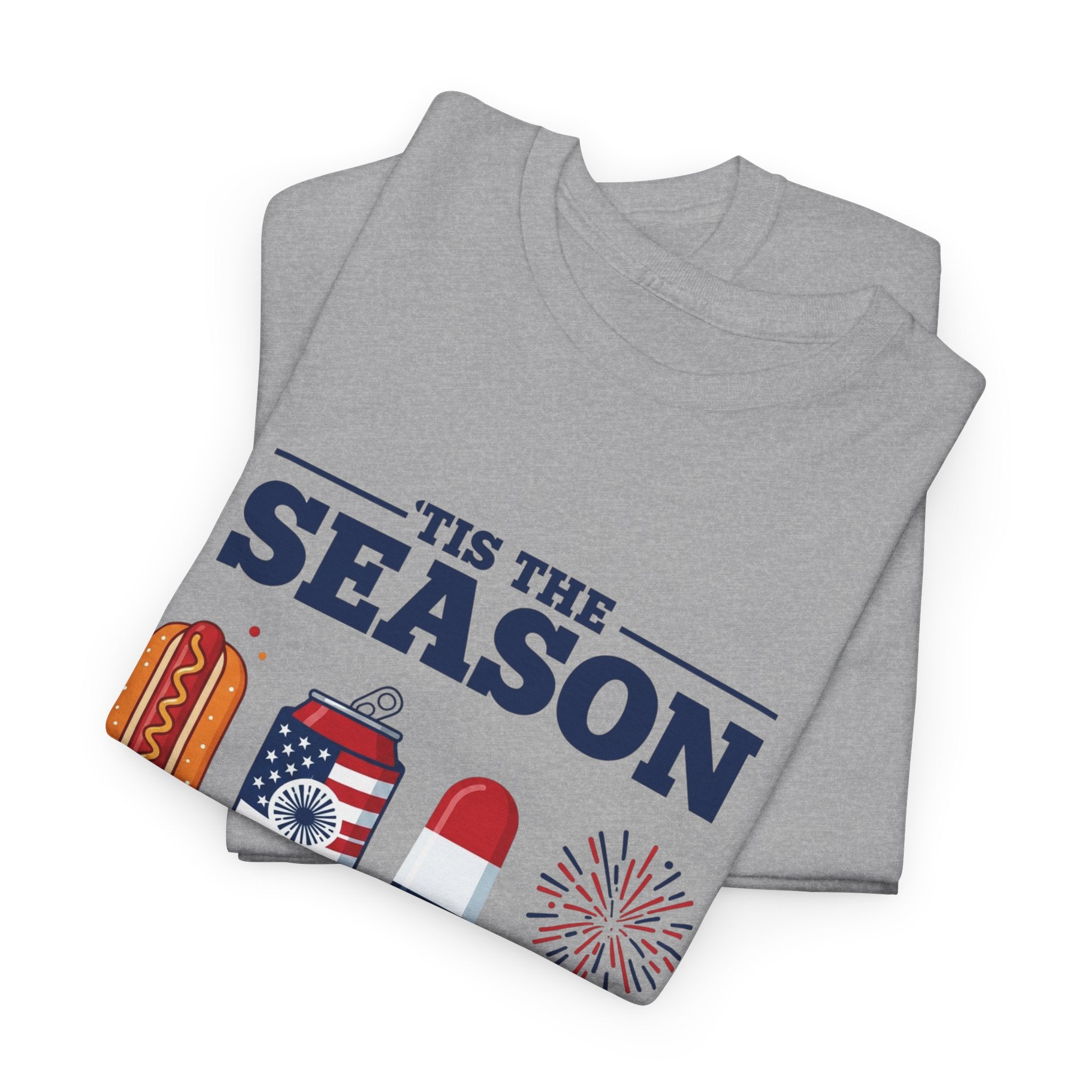 Fourth of July Tee — "'Tis the Season" Patriotic Hot Dog, Popsicle & Fireworks T-Shirt