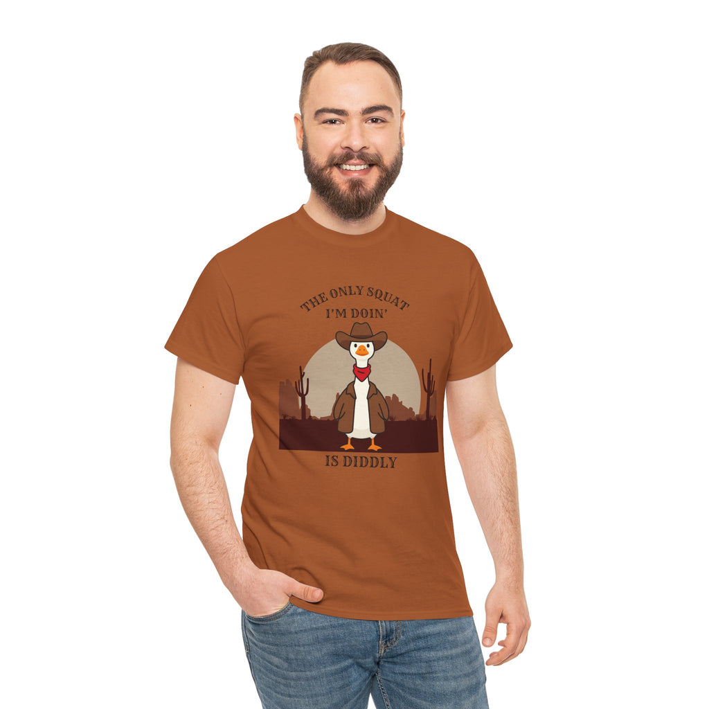Cowboy Duck Graphic Tee — "The Only Squat I'm Doin' Is Diddly" Cute Western Animal T-Shirt