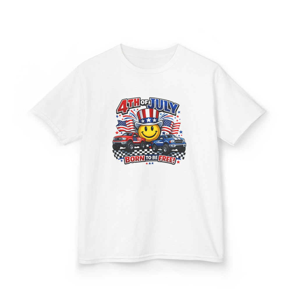 Kids Tee — 4th of July 'Born to Be Free' Smiley Flag Design