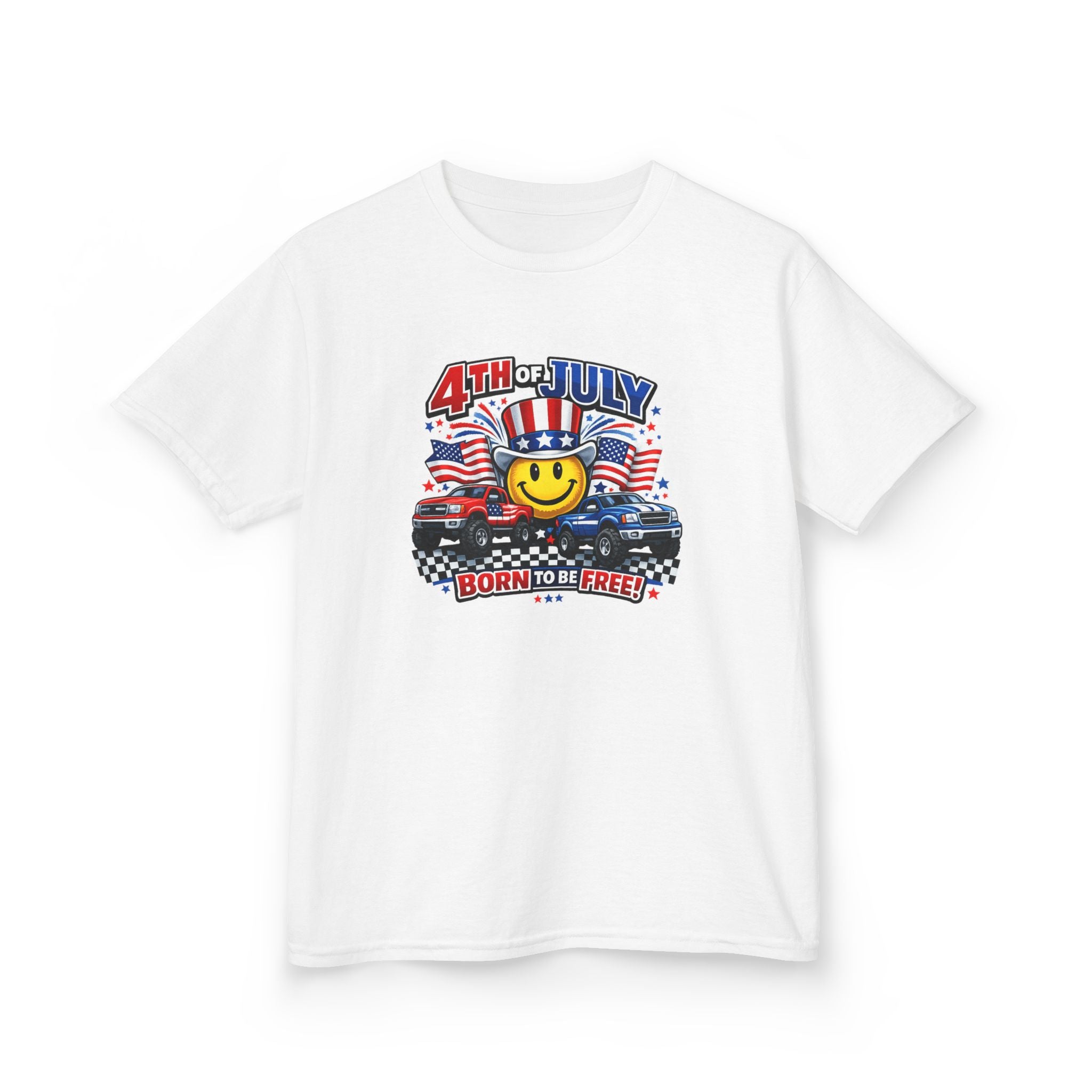 Kids Tee — 4th of July 'Born to Be Free' Smiley Flag Design