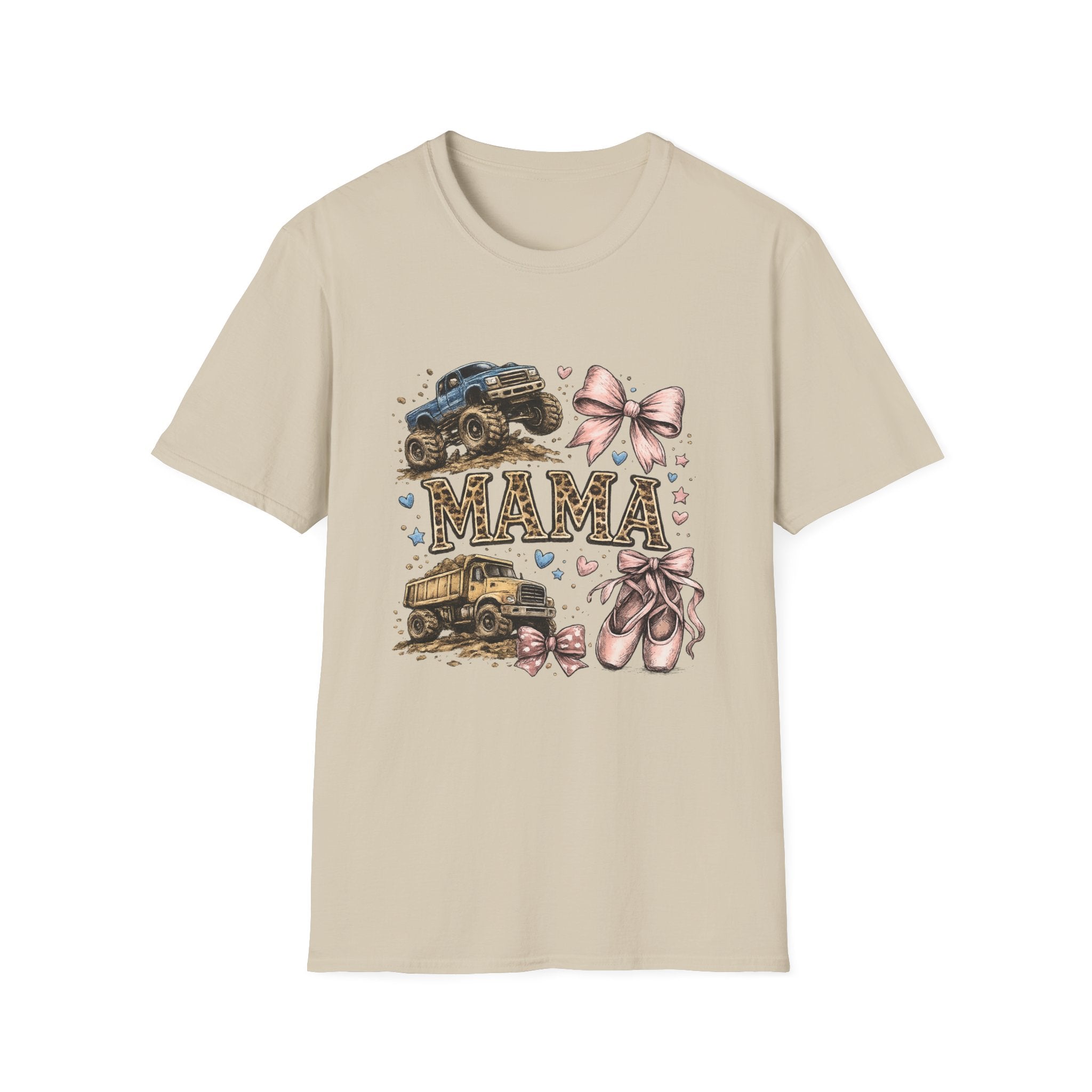 Mama Jeep & Ballet Shoes T-Shirt — 'MAMA' Graphic Tee with Trucks, Bows & Ballet Slippers