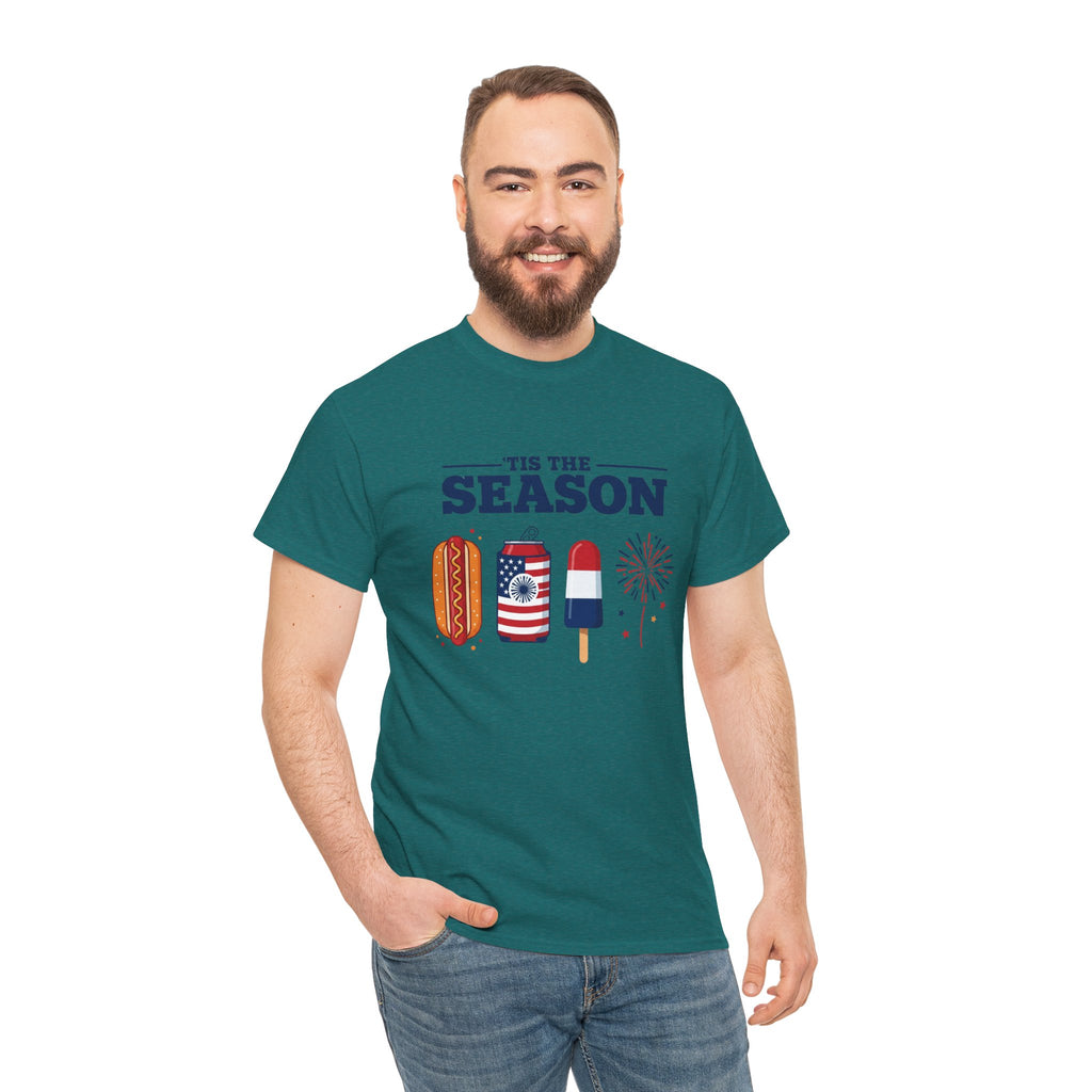 Fourth of July Tee — "'Tis the Season" Patriotic Hot Dog, Popsicle & Fireworks T-Shirt