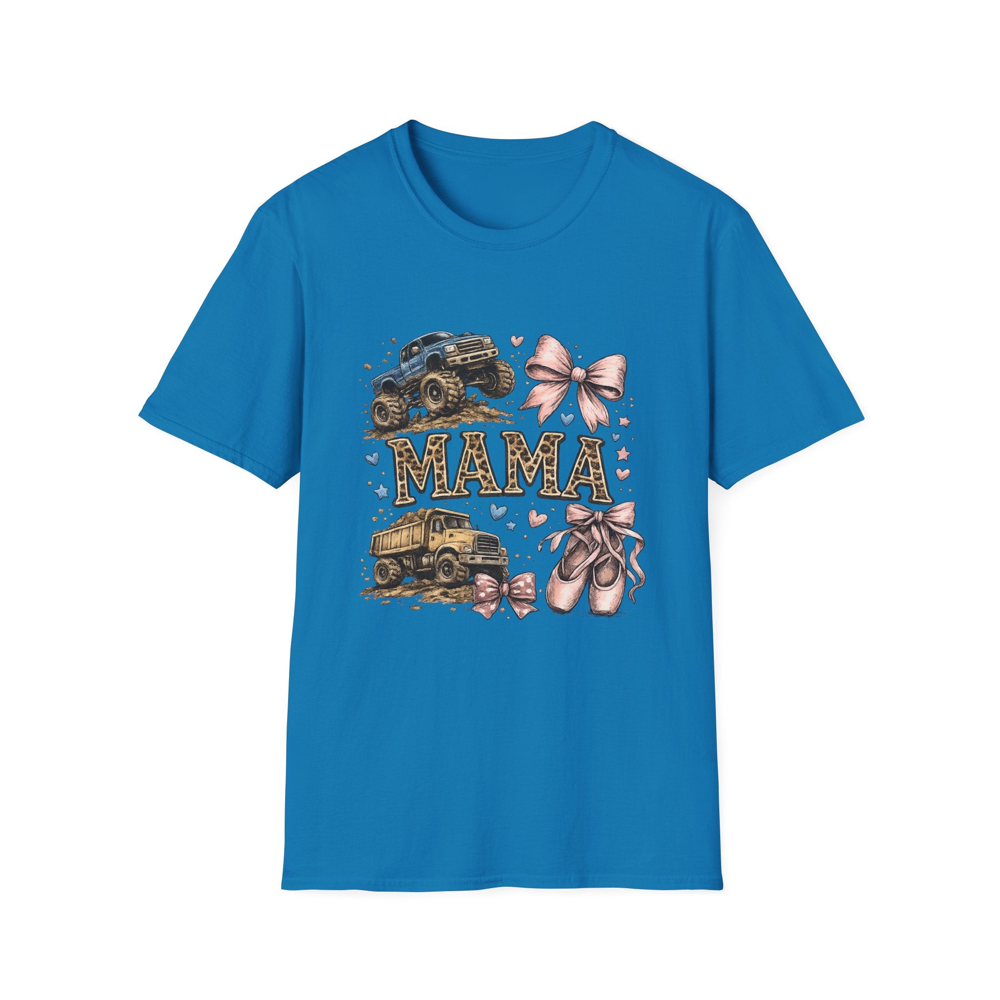 Mama Jeep & Ballet Shoes T-Shirt — 'MAMA' Graphic Tee with Trucks, Bows & Ballet Slippers