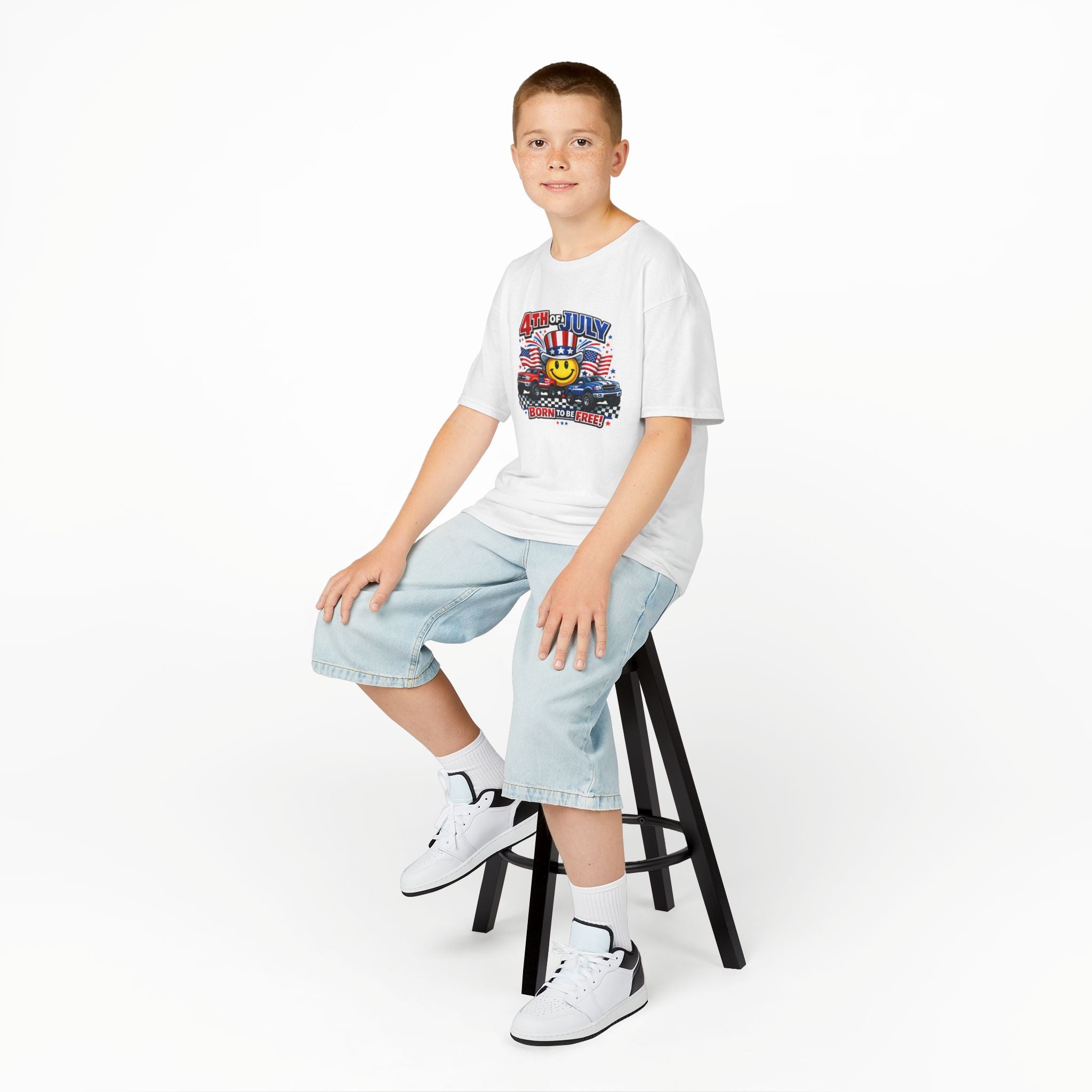Kids Tee — 4th of July 'Born to Be Free' Smiley Flag Design