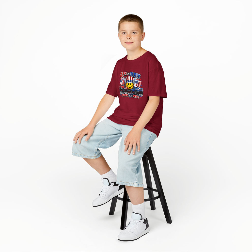 Kids Tee — 4th of July 'Born to Be Free' Smiley Flag Design